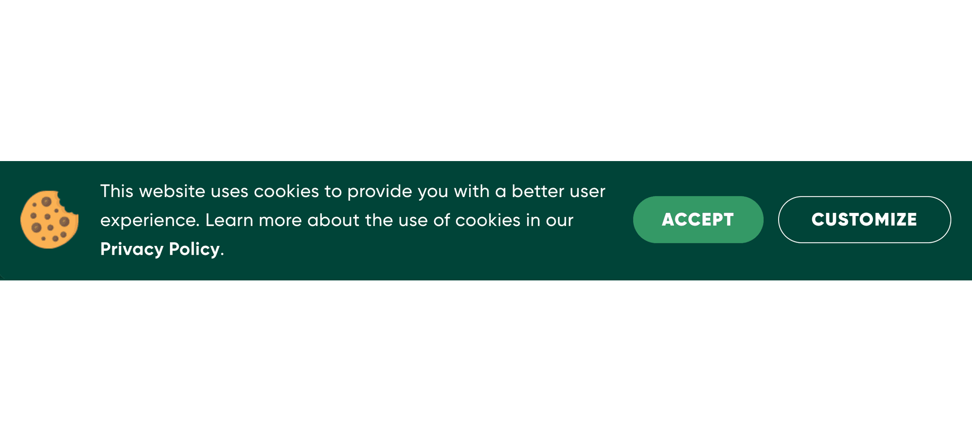 A green cookie consent banner with 'Accept,' and 'customize' options.