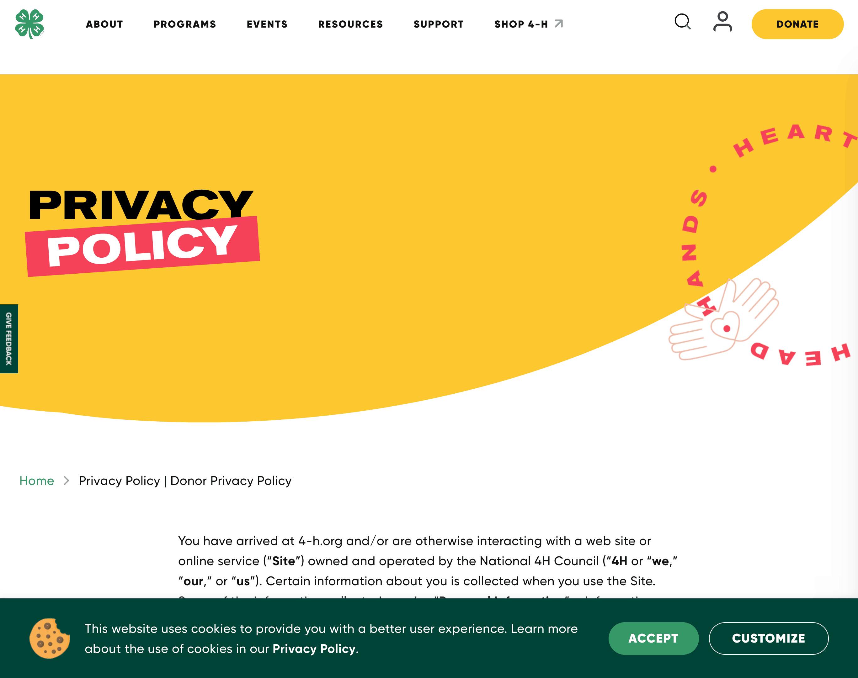 A website with a green cookie consent banner at the bottom with 'Accept,' and 'customize' options.