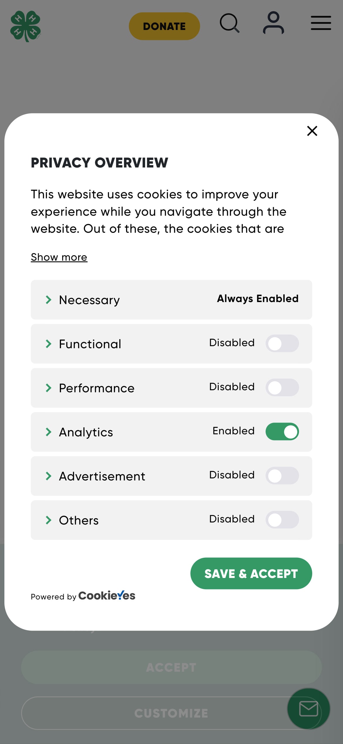 A privacy overview modal detailing the types of cookies a website uses and a 'Save & Accept' button.