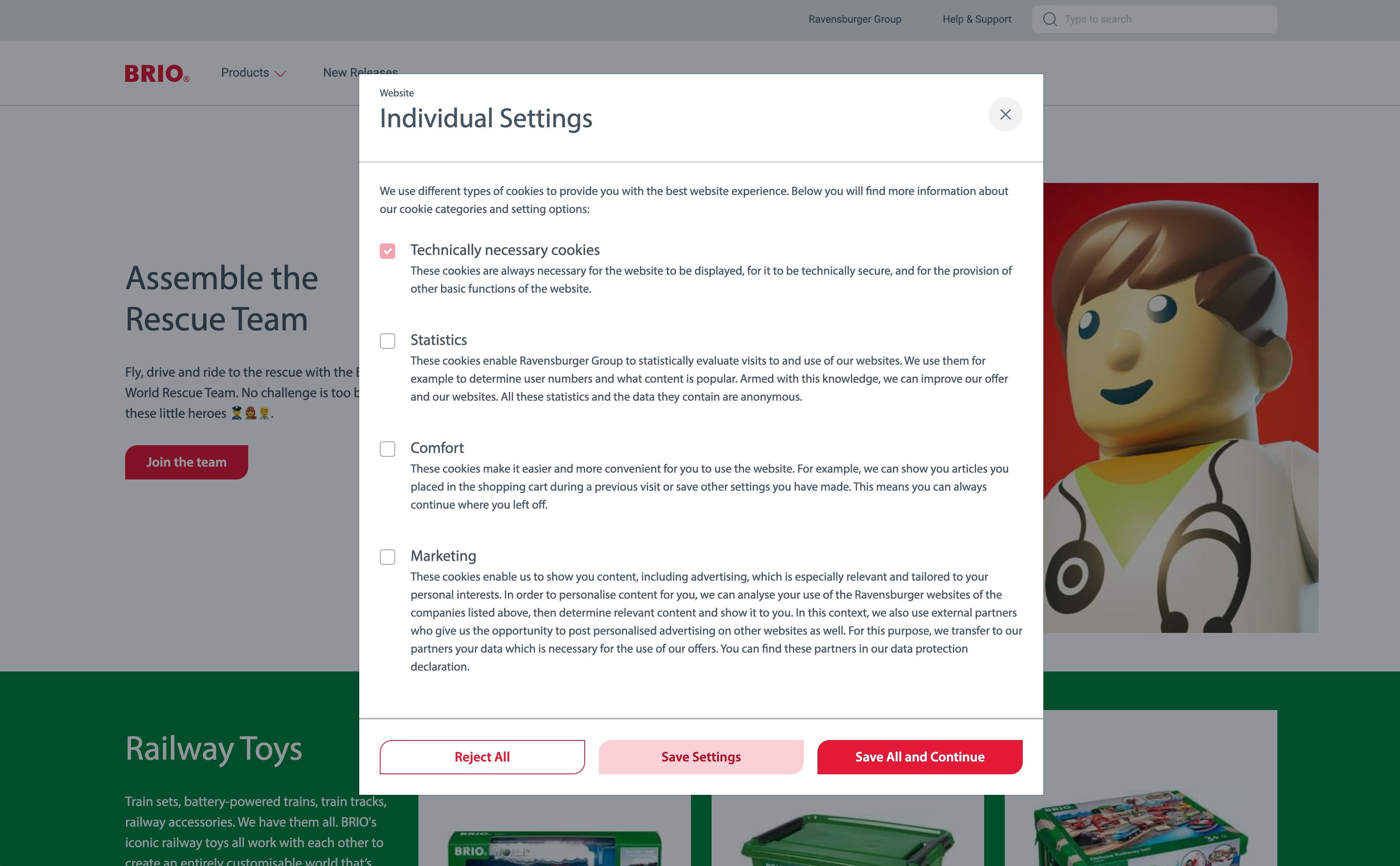 A desktop cookie modal with red buttons and 'Save All and Continue' and 'Individual Settings' options.