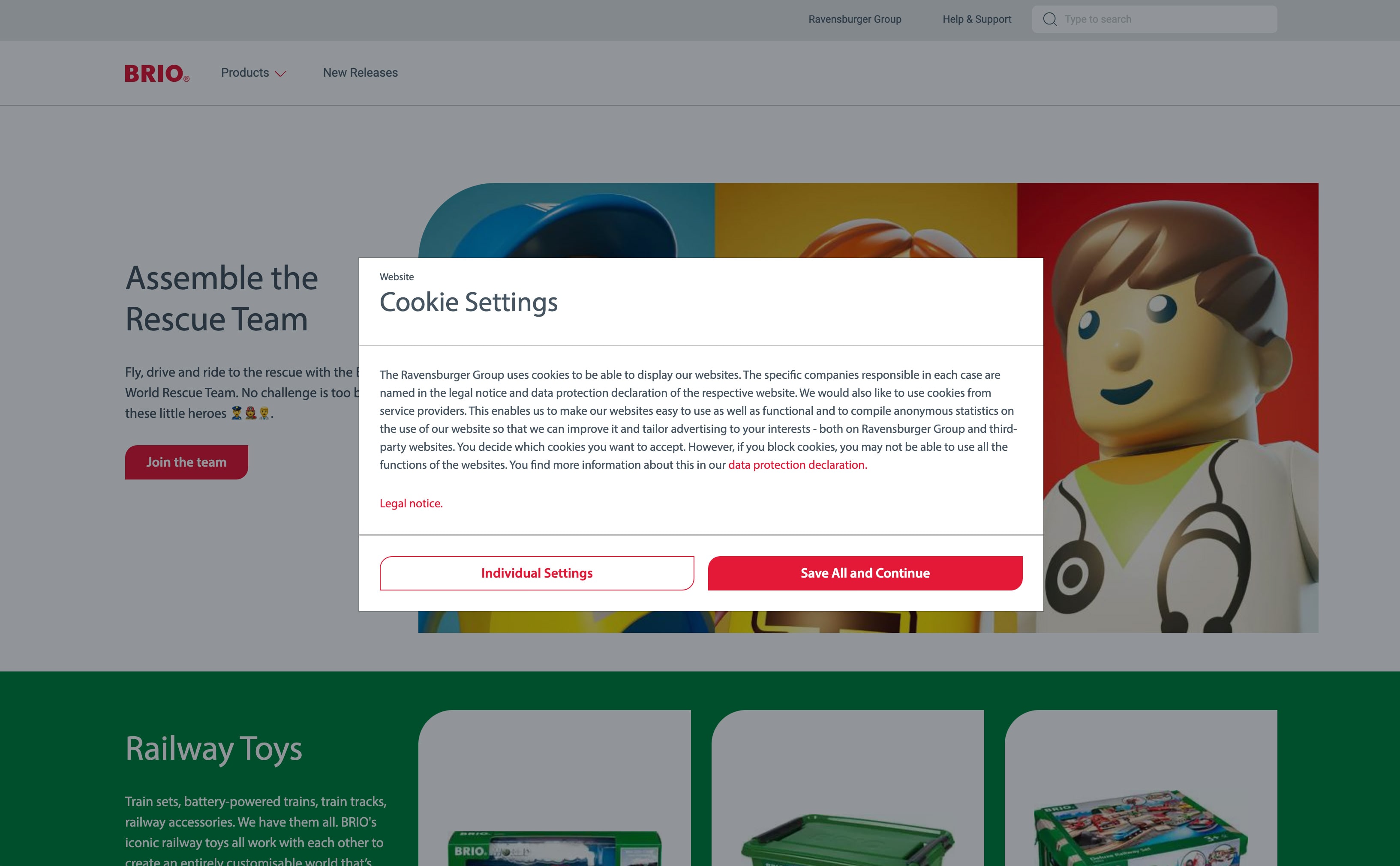 A cookie modal with red buttons and 'Save All and Continue' and 'Individual Settings' options.