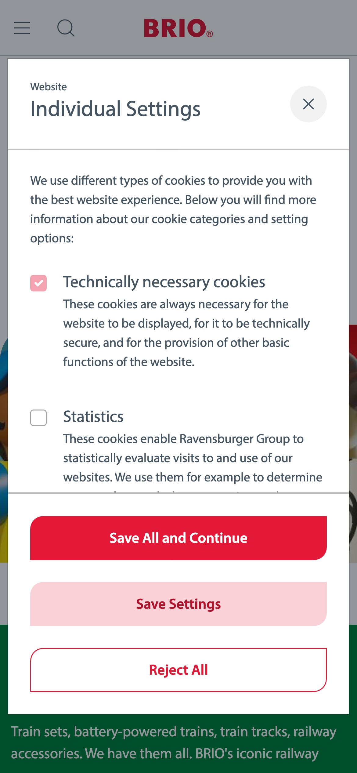 A mobile cookie modal with red buttons and 'Save All and Continue' and 'Individual Settings' options.