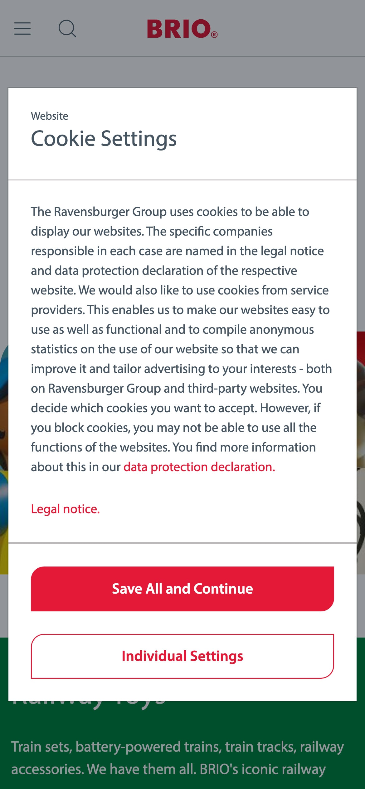A mobile cookie modal with red buttons and 'Save All and Continue' and 'Individual Settings' options.