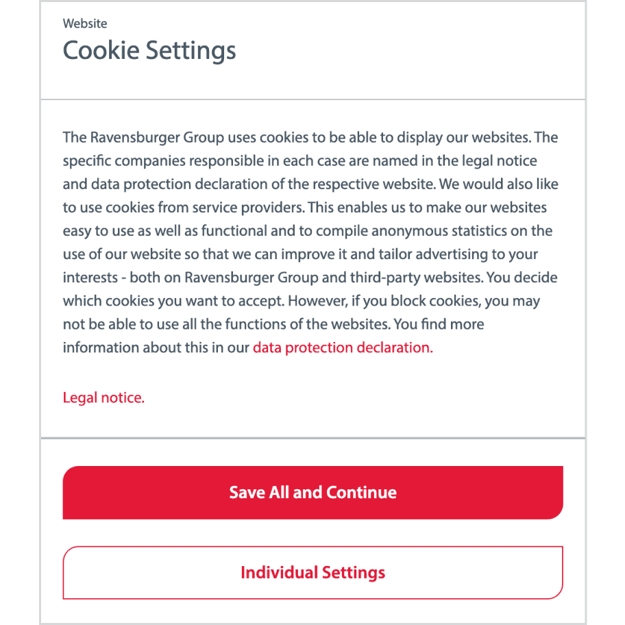A cookie modal with red buttons and 'Save All and Continue' and 'Individual Settings' options.