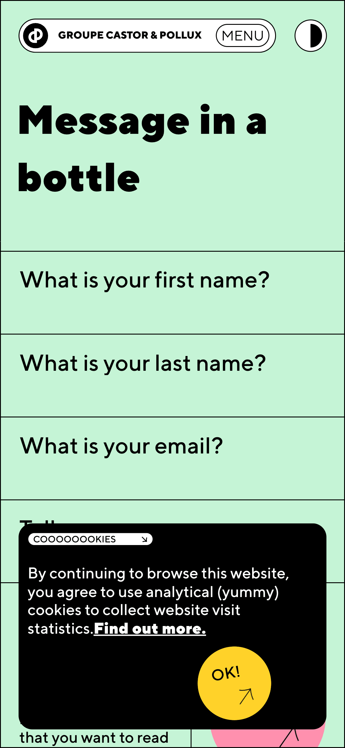 A black cookie consent banner on a website with options to find  more or click OK to consent.