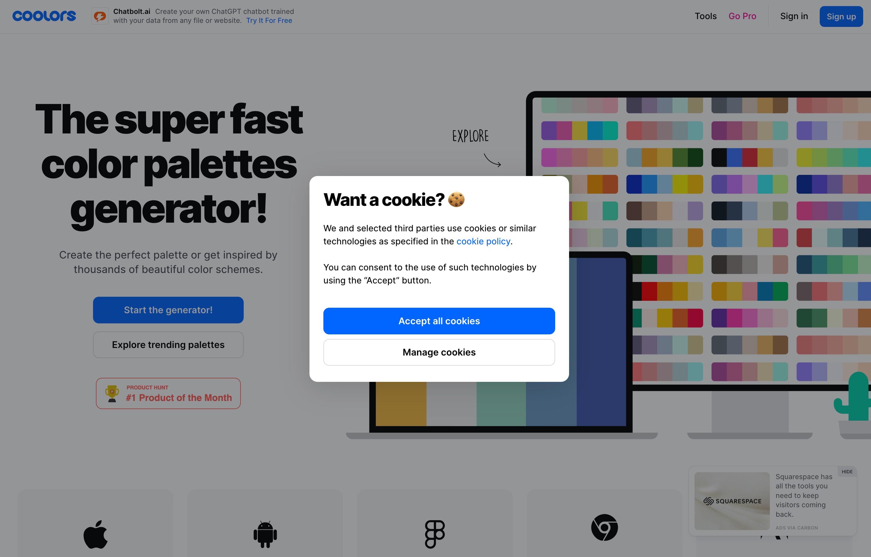 A white cookie consent popup on a website with options to 'Accept all cookies' and 'Manage cookies.'