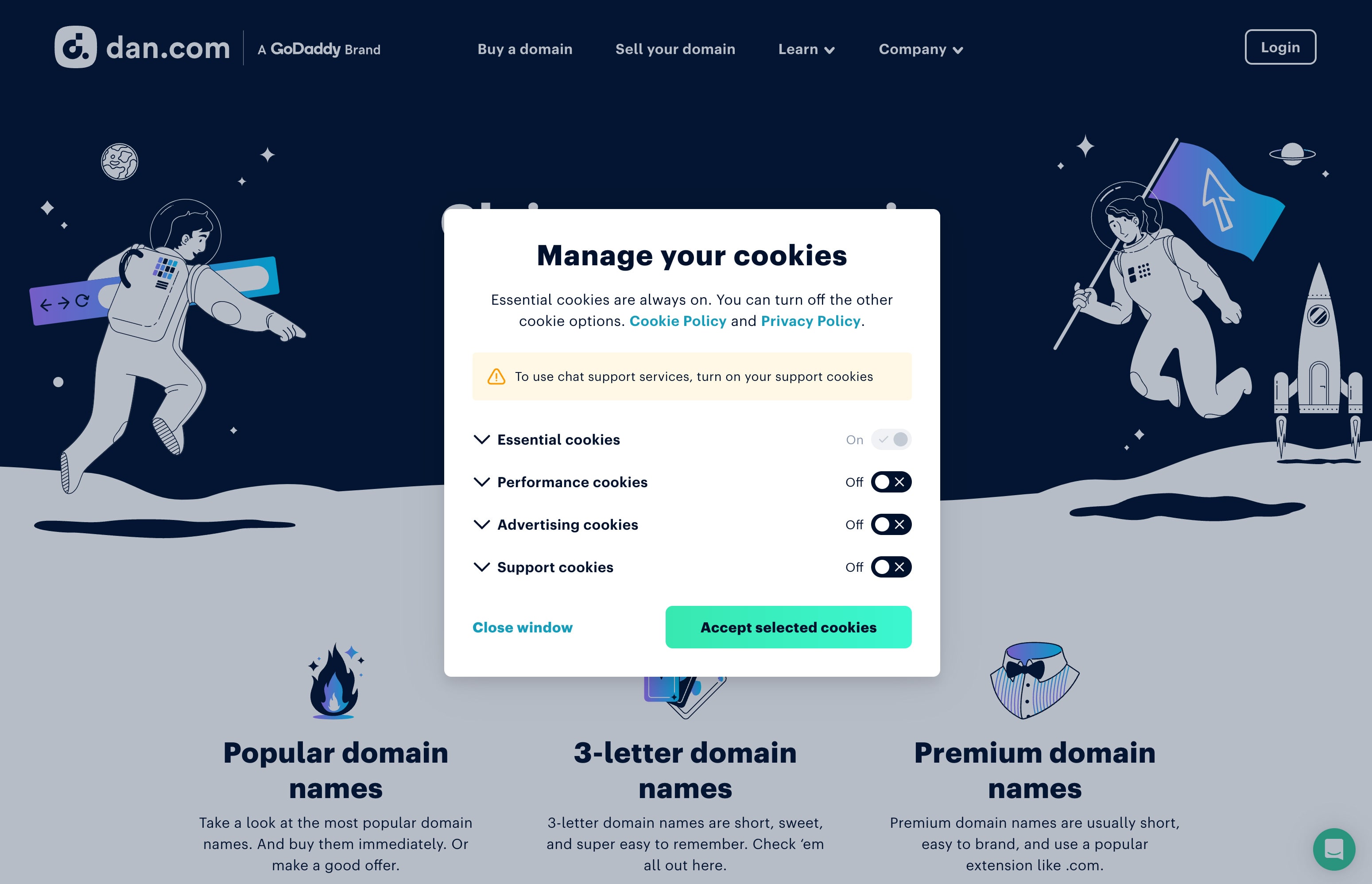 Cookie management pop-up on dan.com with toggles for various cookie types.