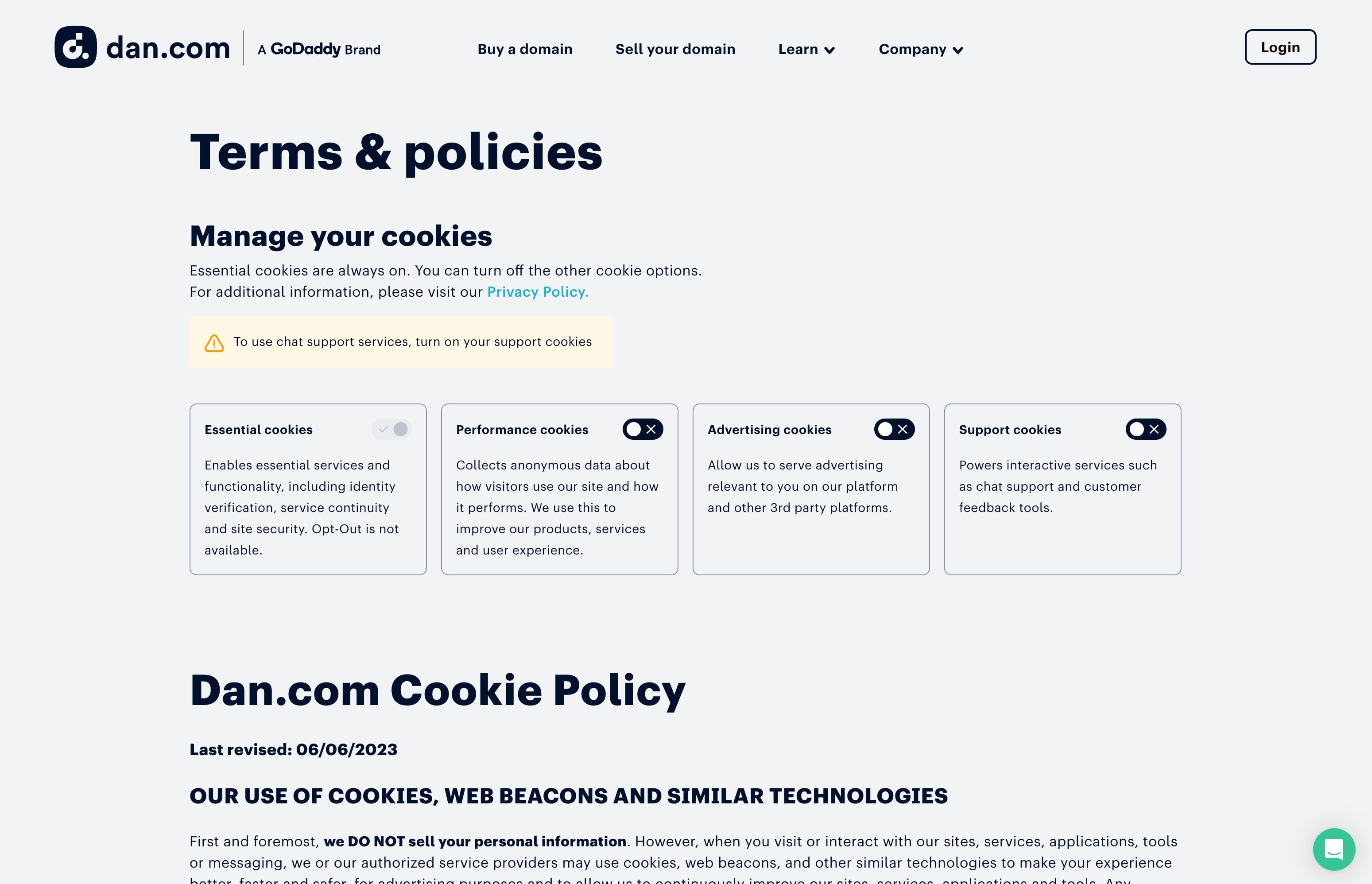 A Terms and Policies page from a website with options to manage cookies.