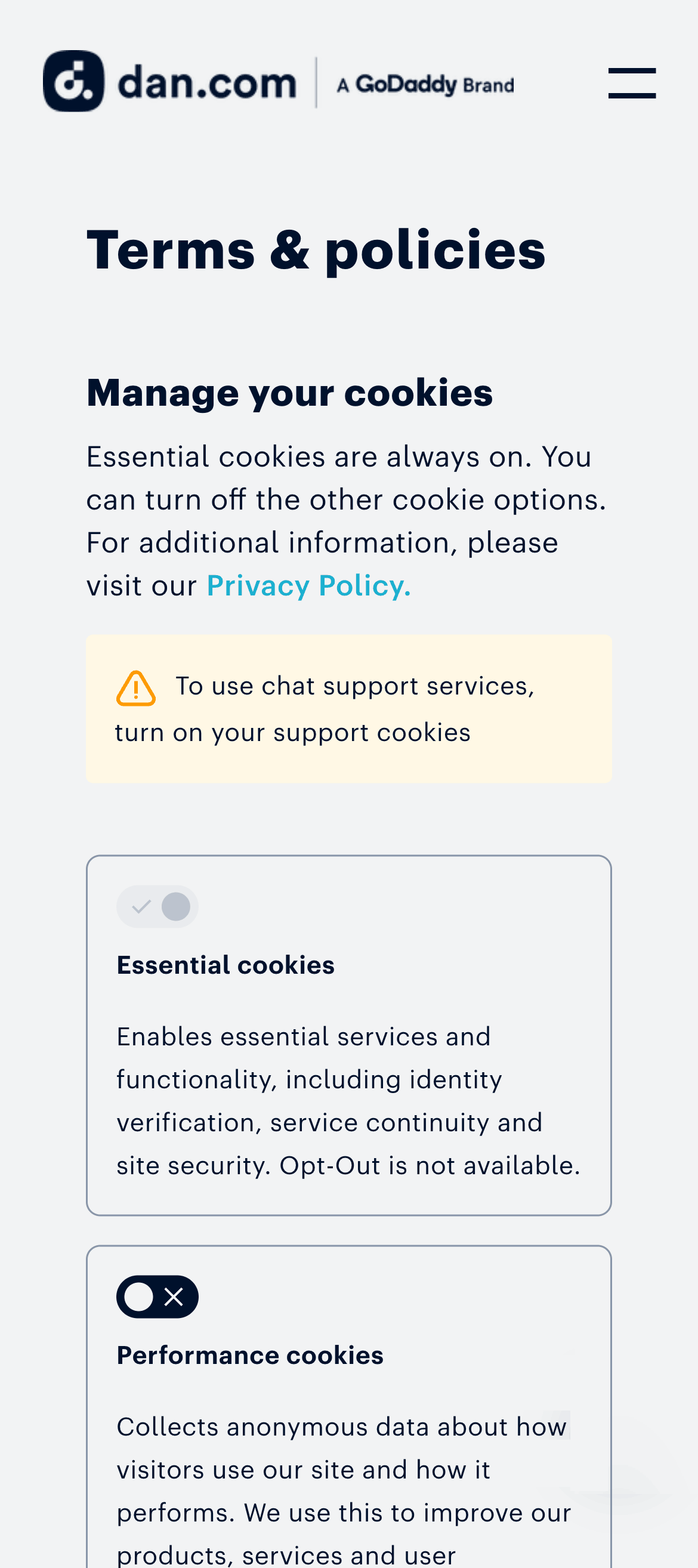 A Terms and Policies page from a website with options to manage cookies.