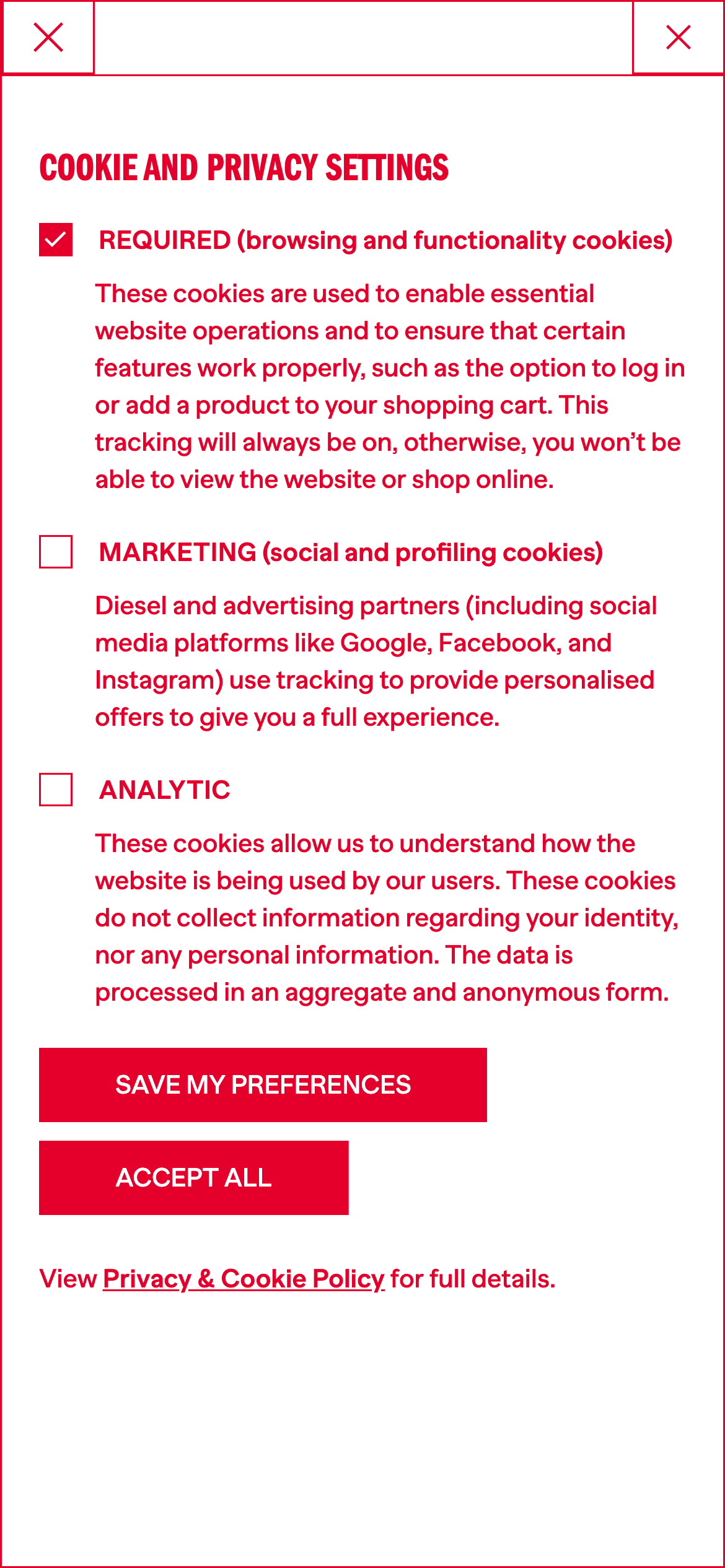 An example of a cookie banner that is tall, with a white background and red text and design elements