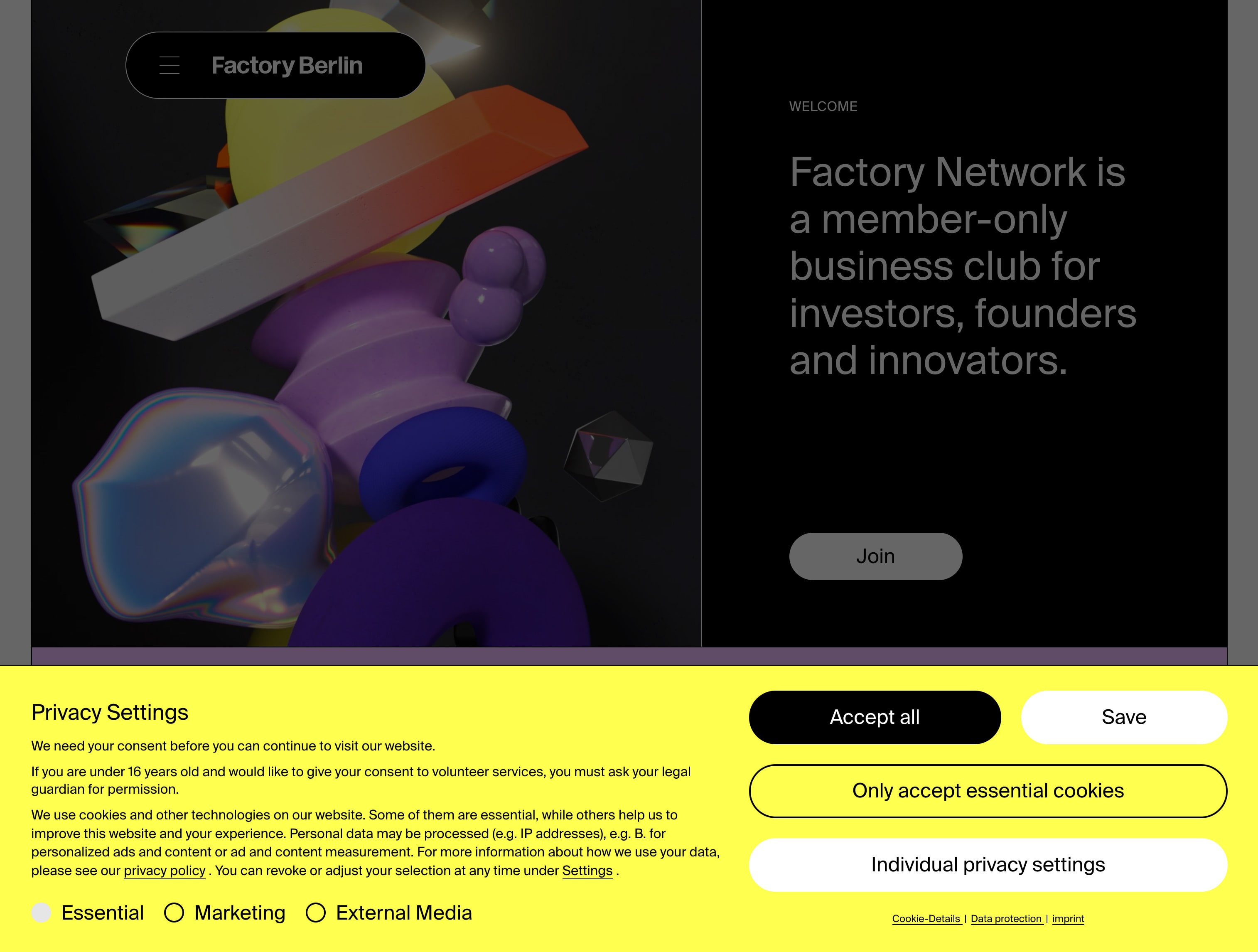 A bright yellow cookie banner that is positioned at the bottom of a website's layout.