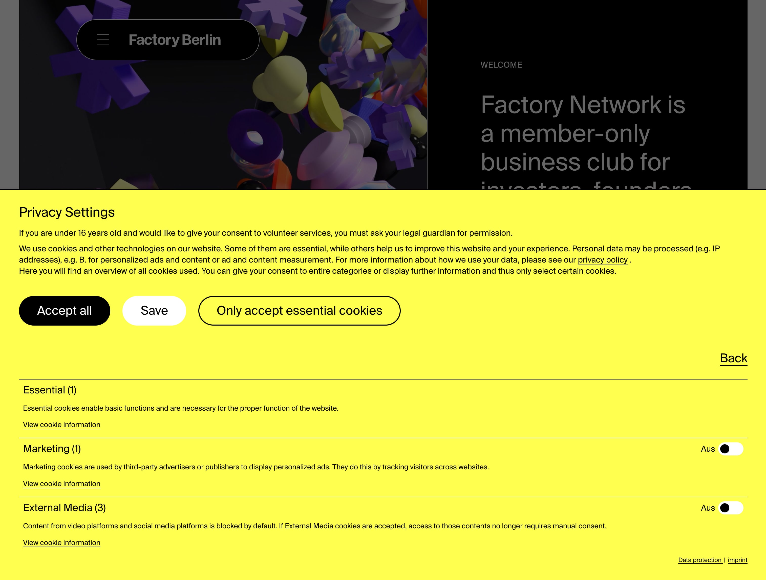 A desktop examples of a cookie banner that covers half the viewport. It is bright yellow.