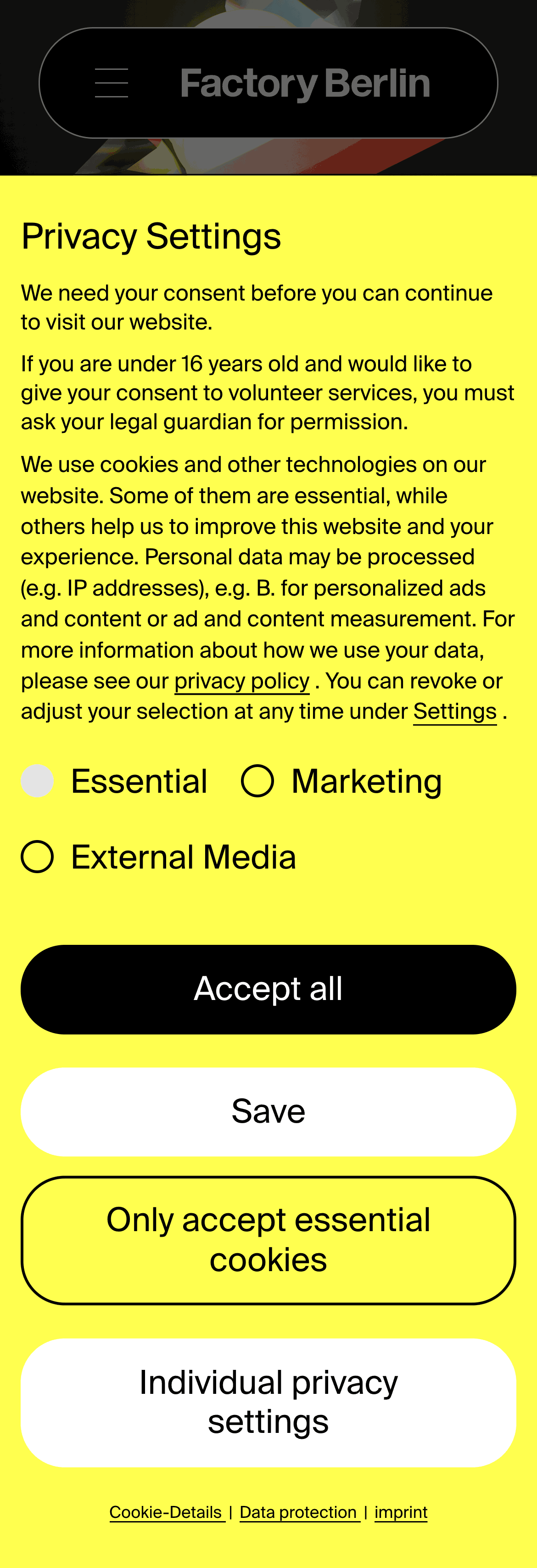 Responsive cookie banner example. The cookie banner is bright yellow.