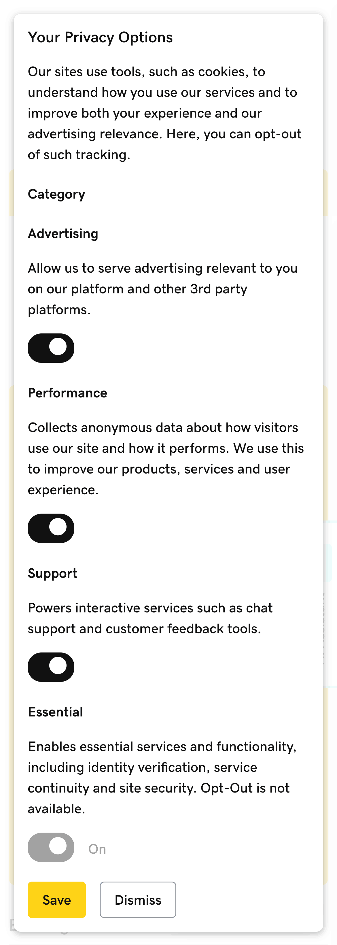 Privacy options menu listing advertising, performance, support, and essential cookies with toggles, and 'Save' or 'Dismiss' buttons.