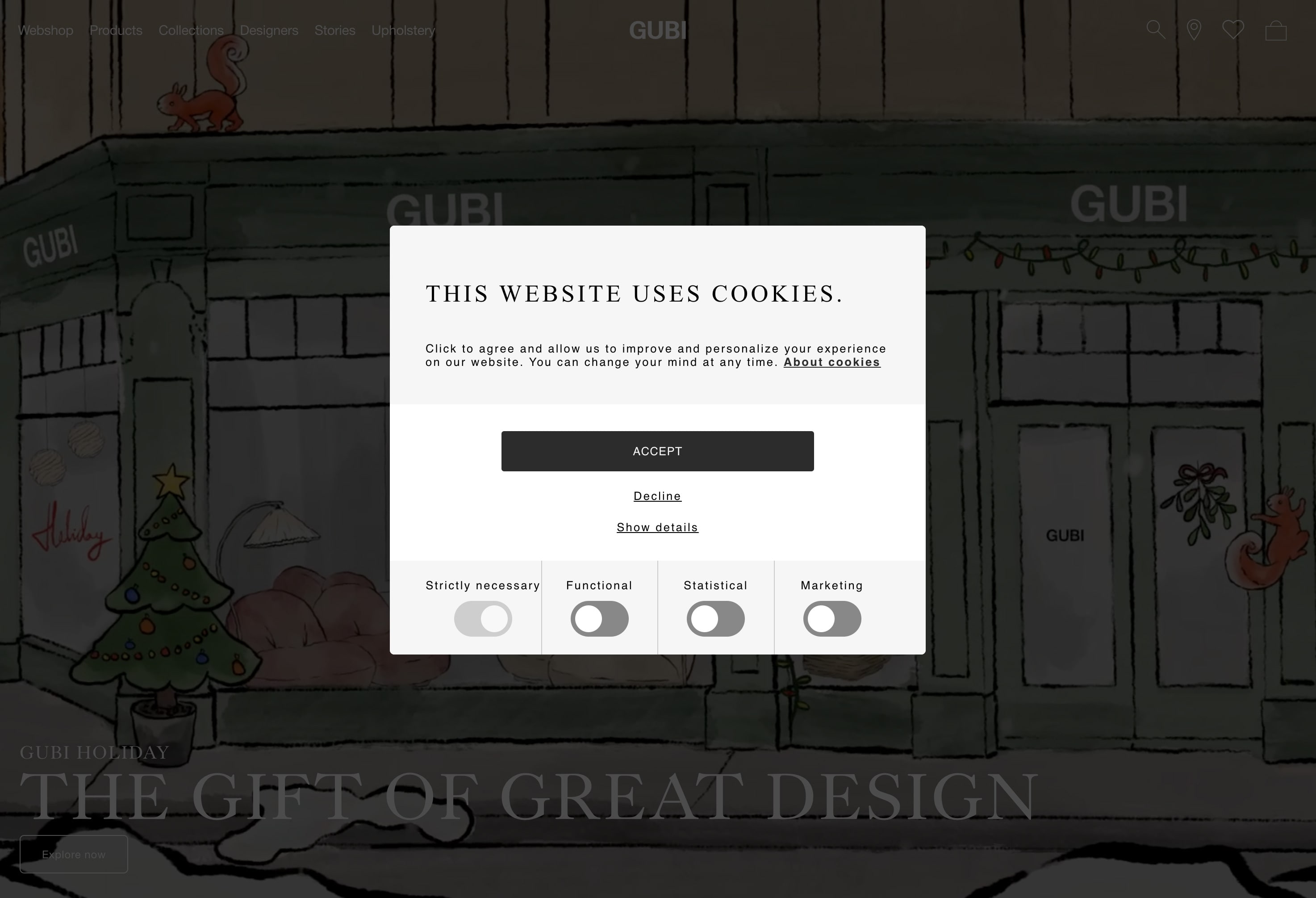 Cookie consent box detailing the types of cookies a website uses and an 'accept' button.