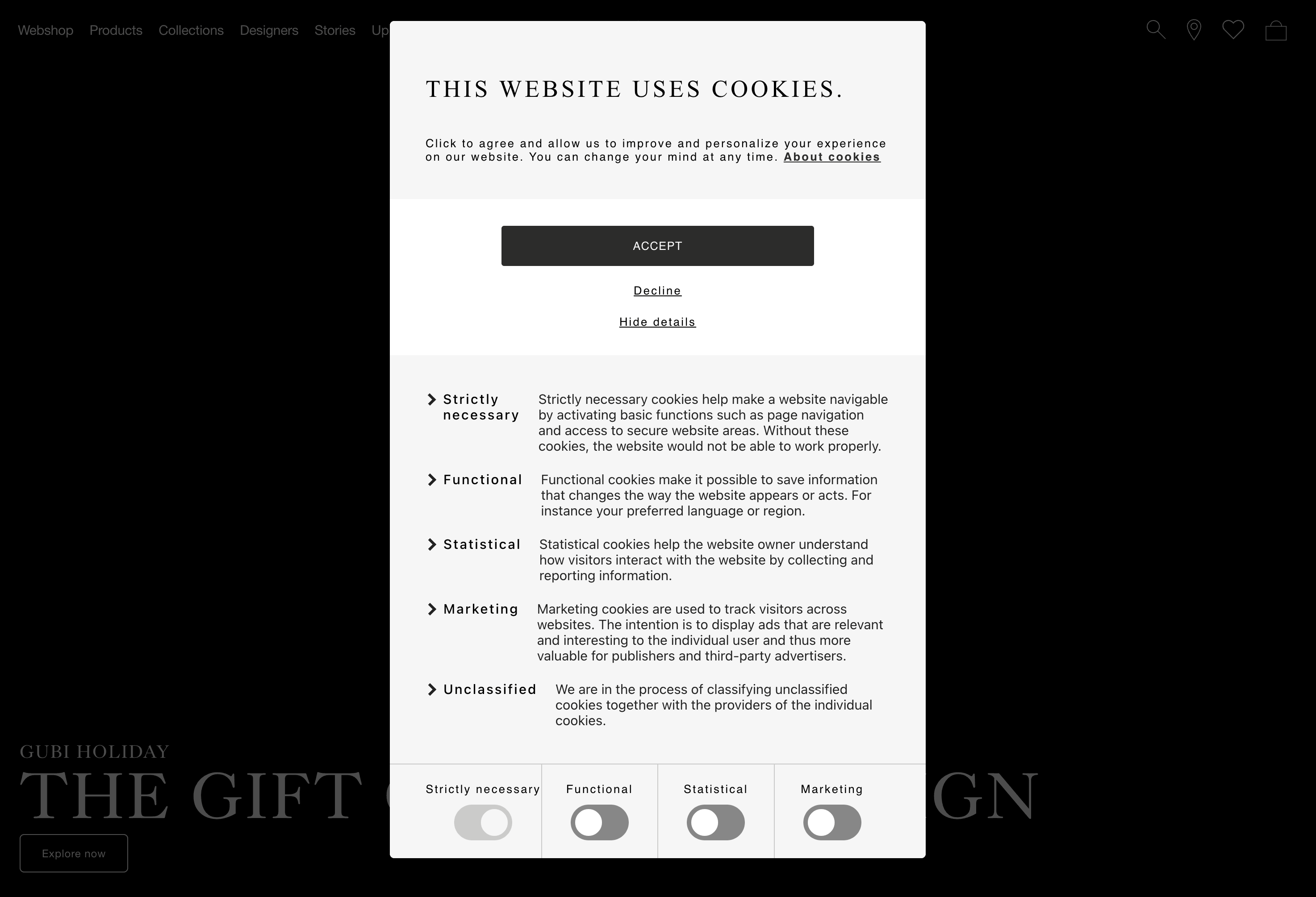 Cookie consent box detailing the types of cookies a website uses and an 'accept' button.