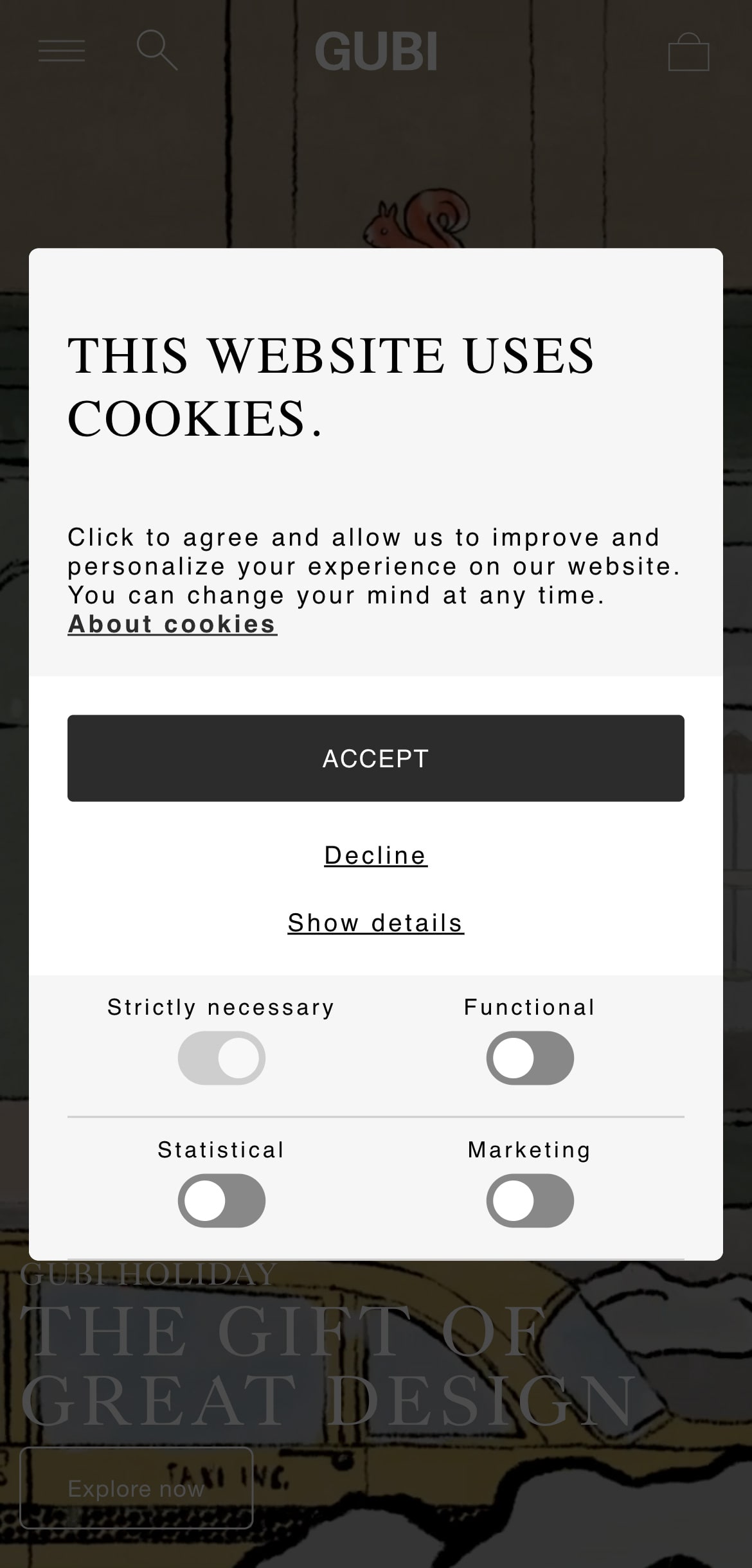 Responsive cookie consent box detailing the types of cookies a website uses and an 'accept' button.