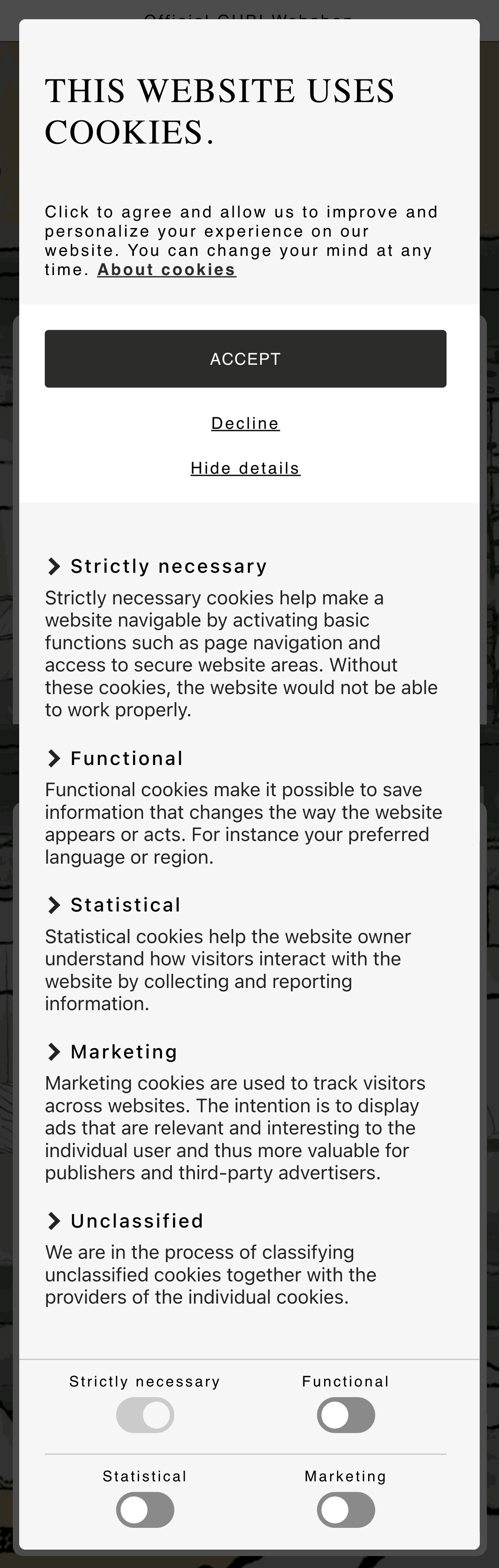 Responsive cookie consent box detailing the types of cookies a website uses and an 'accept' button.