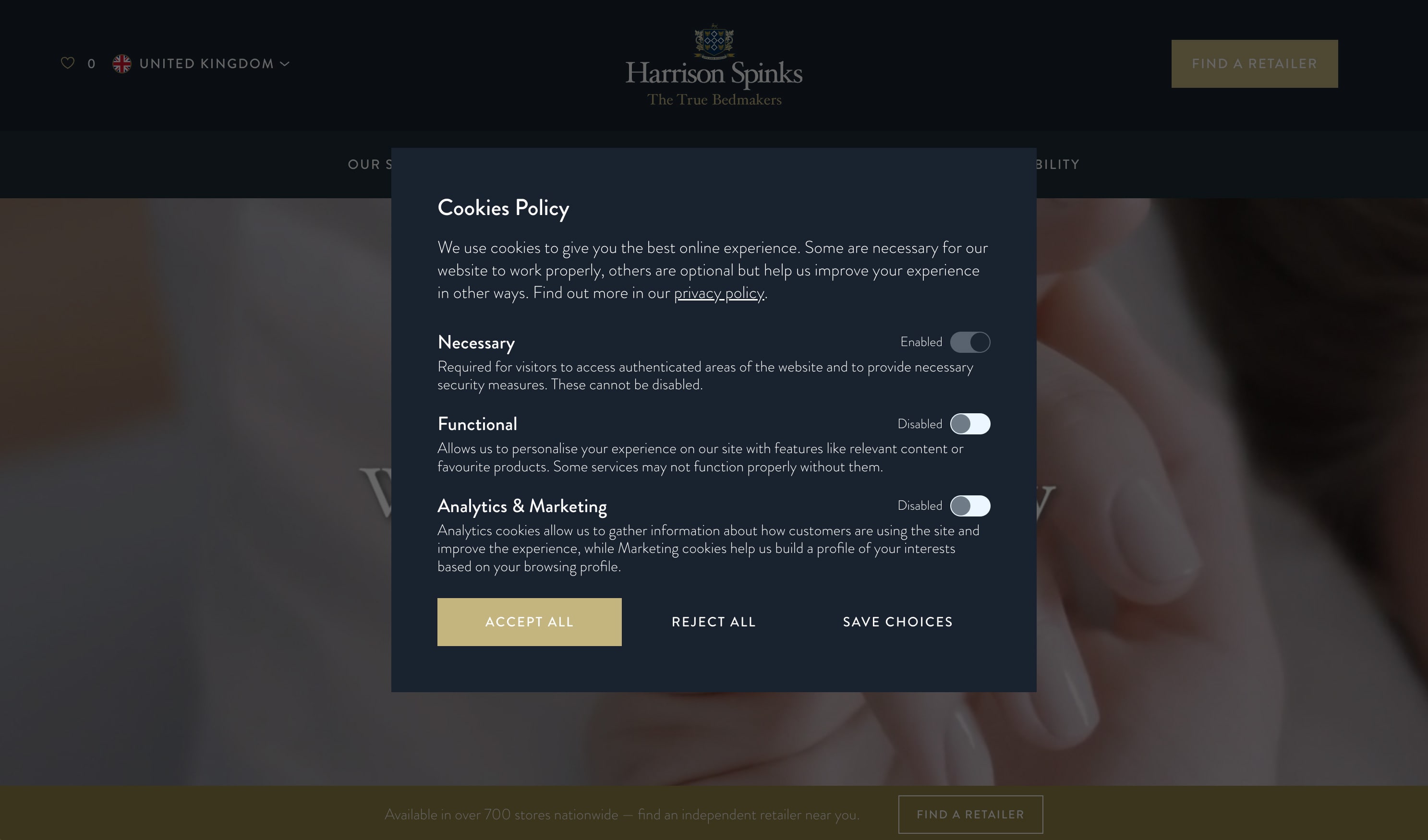 A cookies policy modal with 'ACCEPT ALL' 'REJECT ALL' and 'SAVE CHOICES' options.