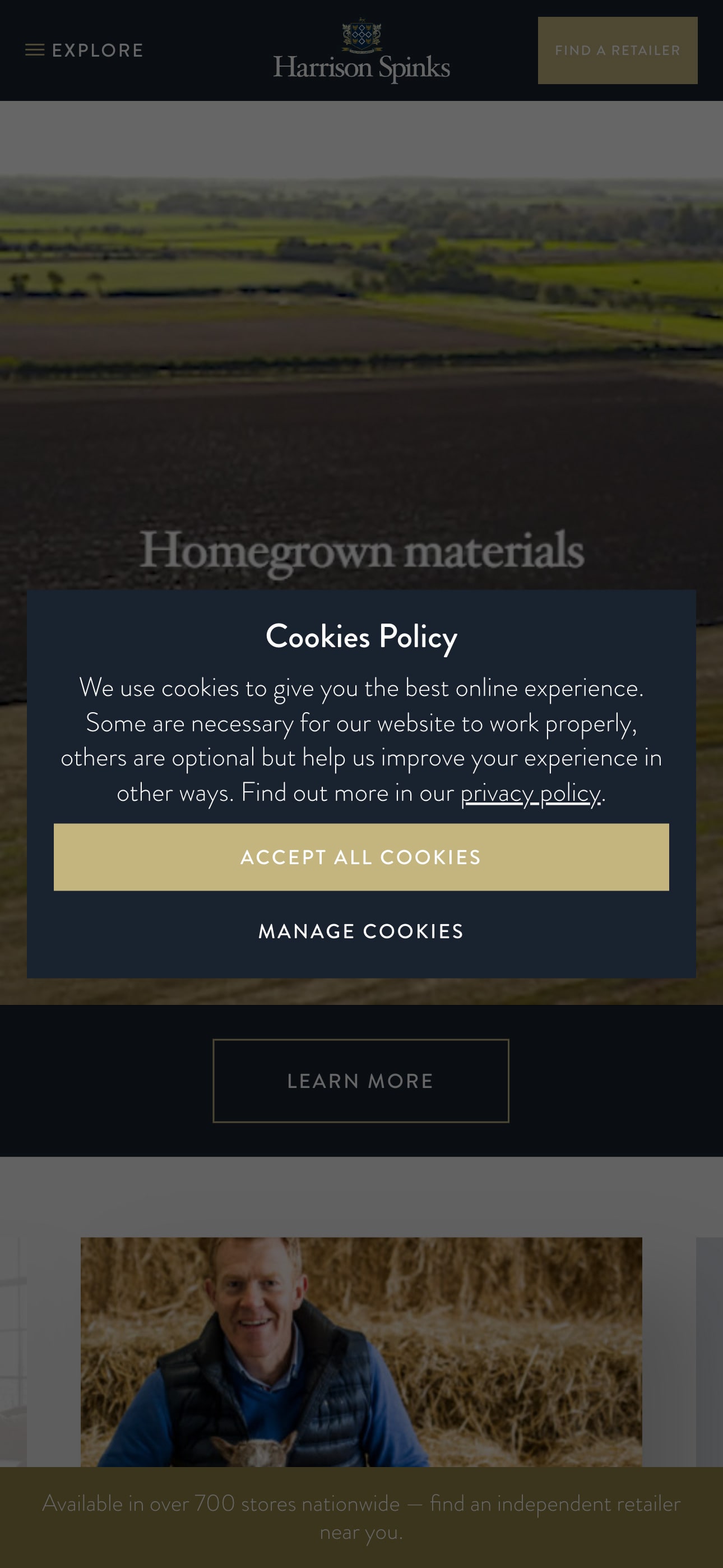 A cookies policy banner with 'ACCEPT ALL COOKIES' and 'MANAGE COOKIES' options.