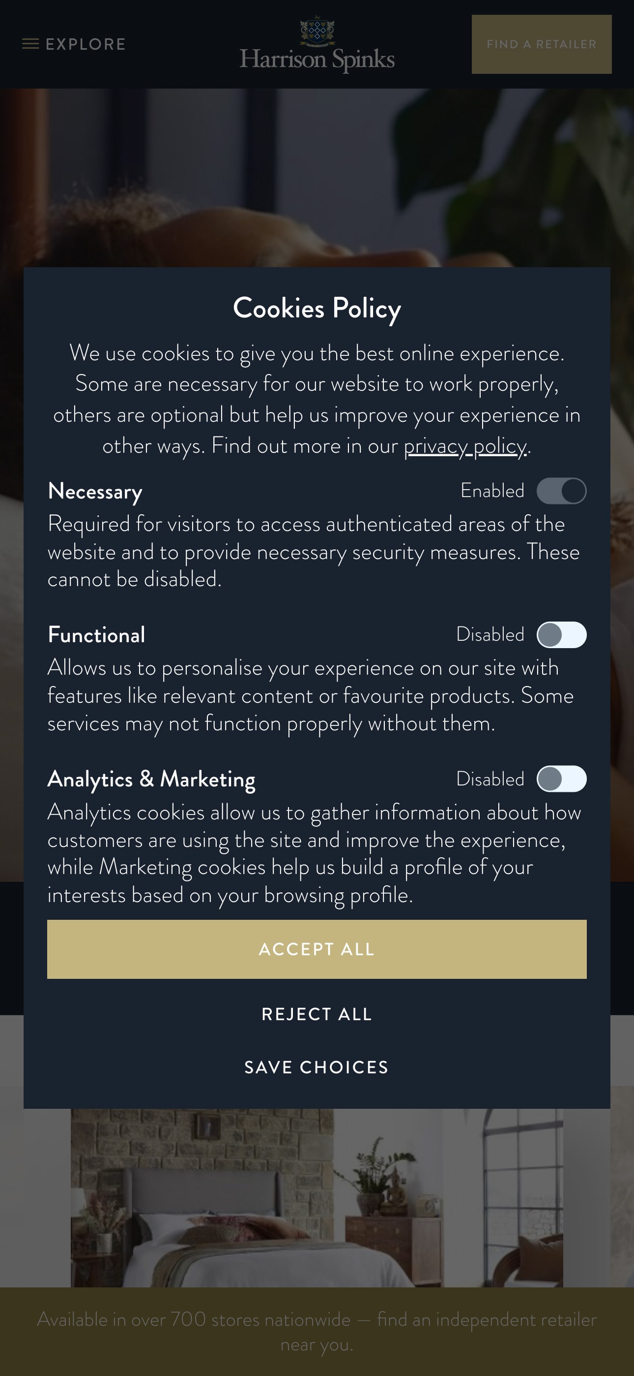 A cookies policy modal with 'ACCEPT ALL' 'REJECT ALL' and 'SAVE CHOICES' options.