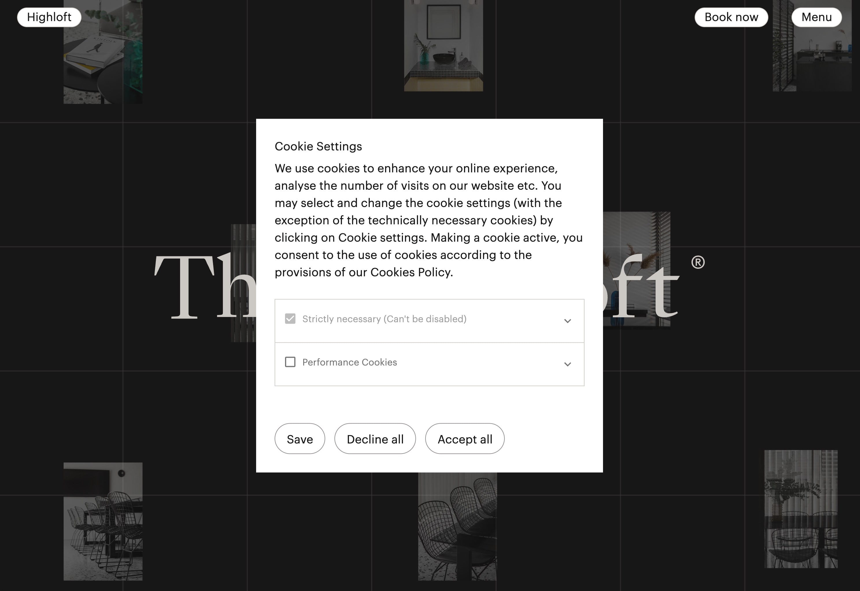 Website example with a cookie consent banner open