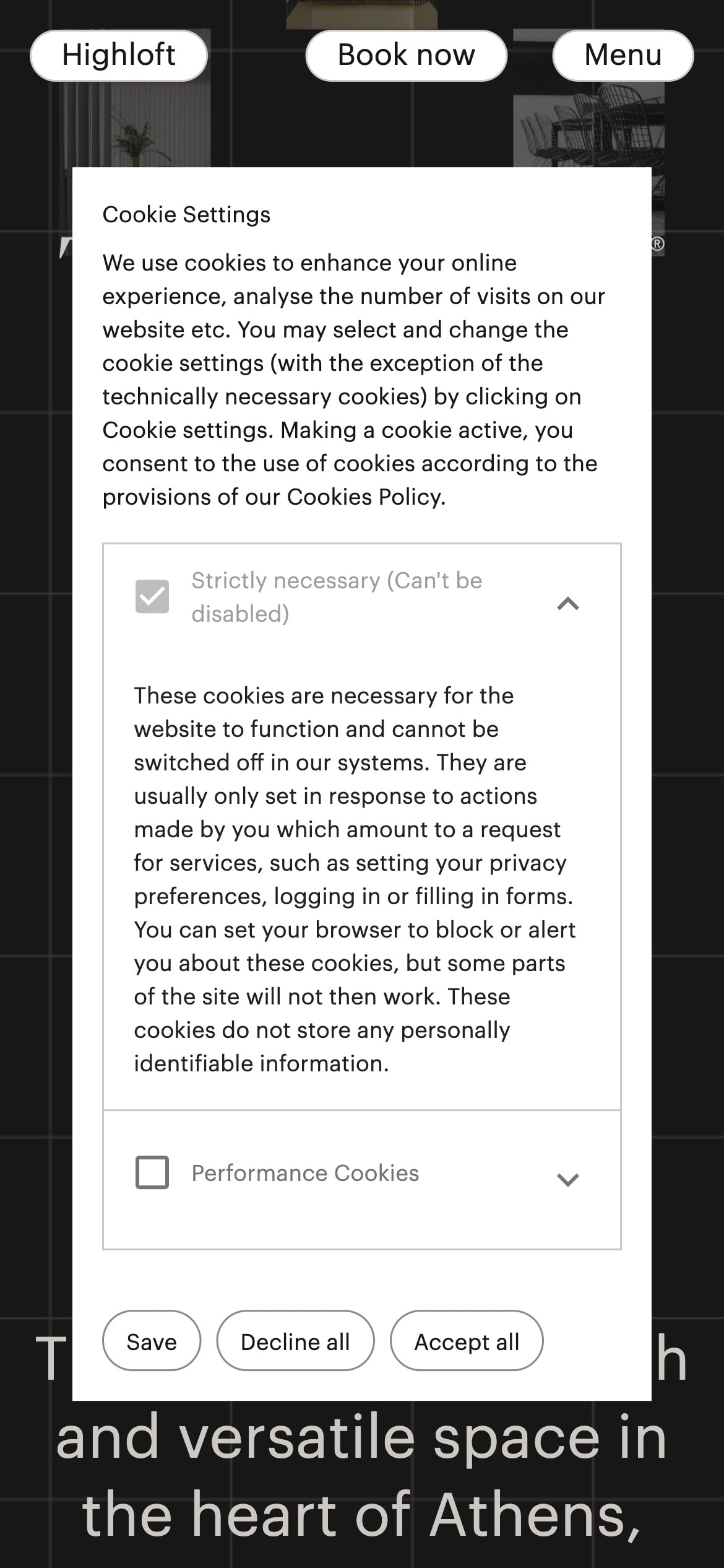 A cookie settings modal detailing the types of cookies a website uses with 'save' 'decline all' and 'accept all' options.