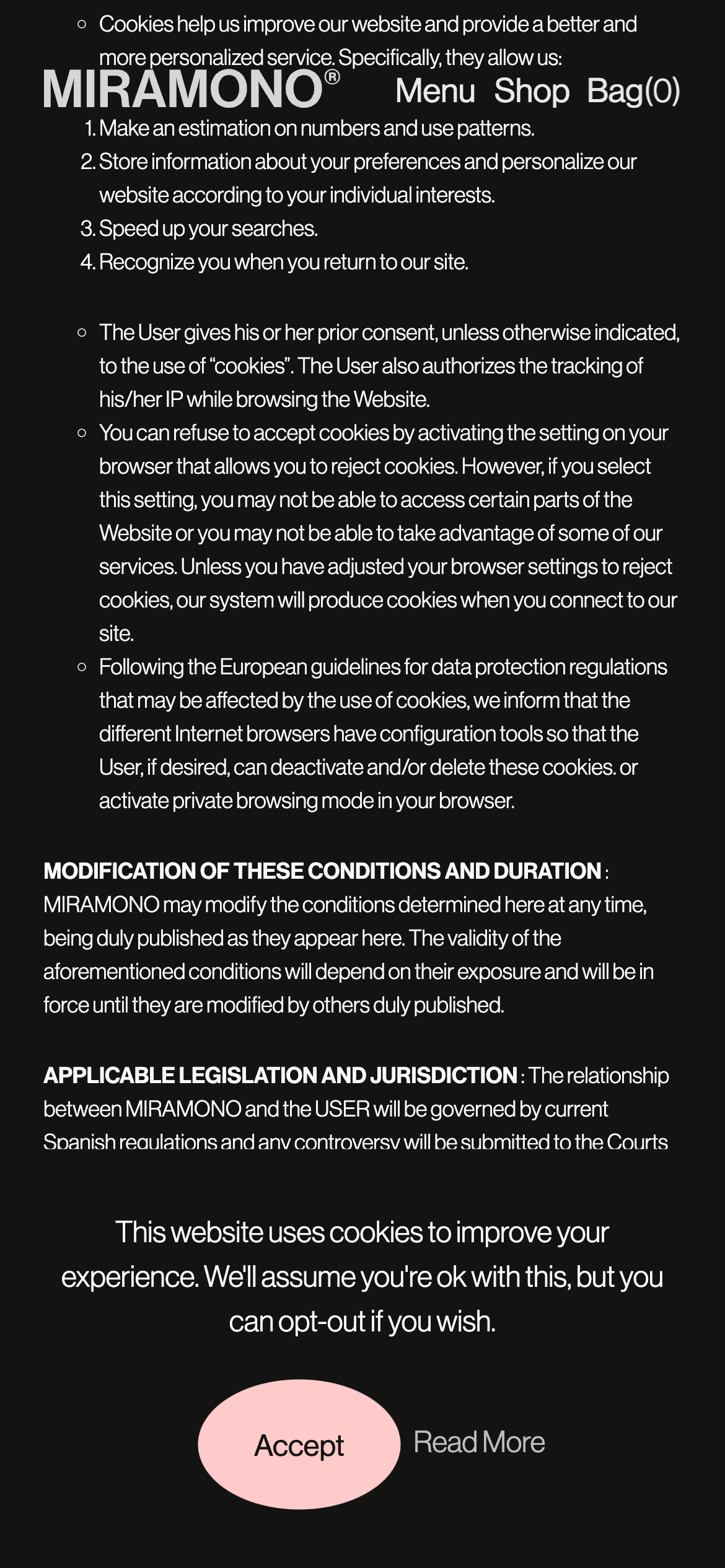 A black cookie consent banner on a website with options to find more or click OK to consent