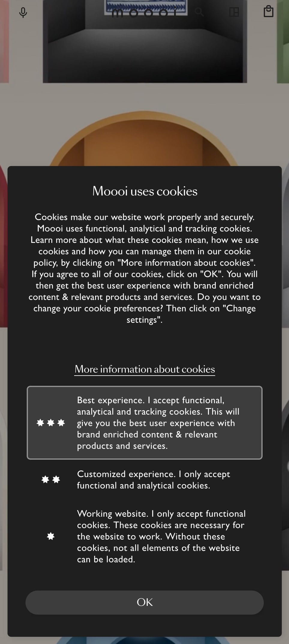 Cookie consent box detailing the types of cookies Moooi uses and an 'OK' button.