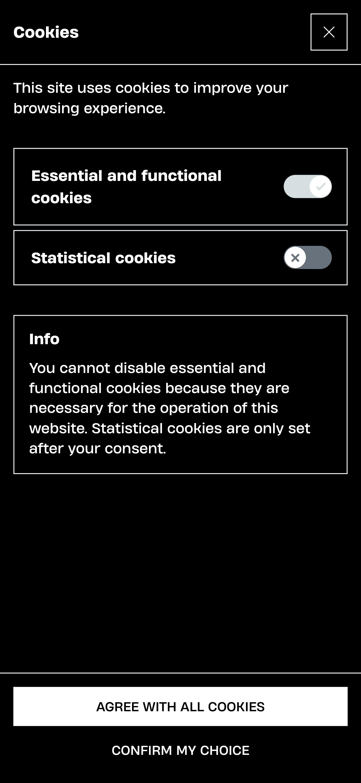 Cookie consent options for essential and statistical cookies with toggles, and 'AGREE WITH ALL COOKIES' call-to-action.