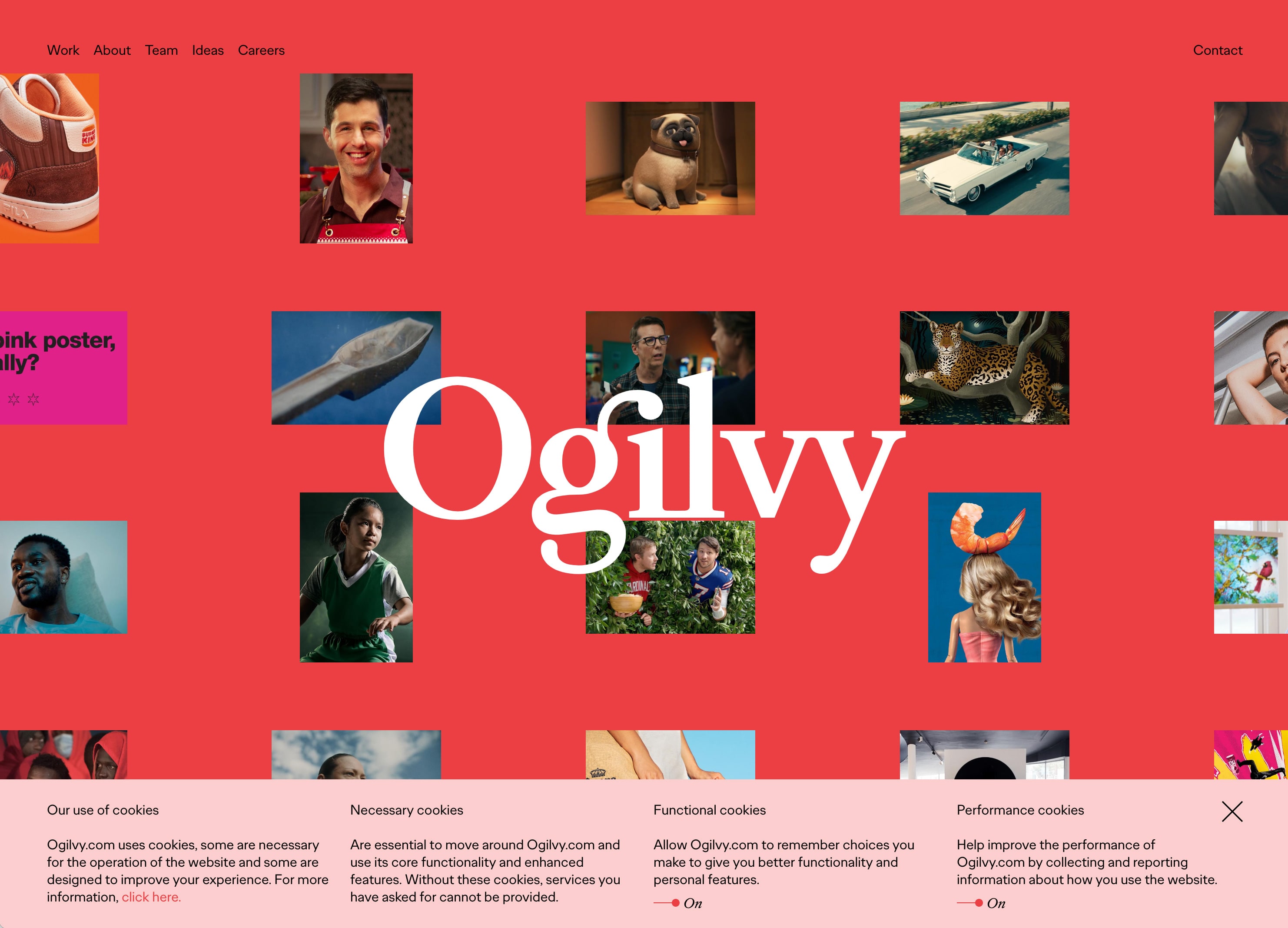 The home page of Ogilvy, bright pink with images in a grid and cookie banner at bottom