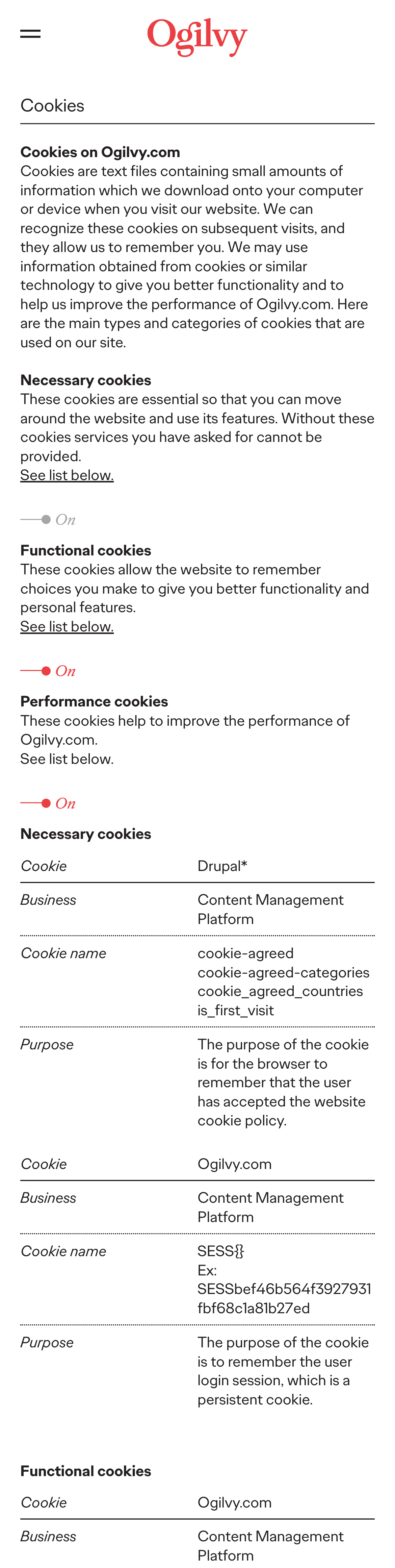 Detailed cookie settings page from Ogilvy's website, listing necessary, functional, and performance cookies with their purposes.
