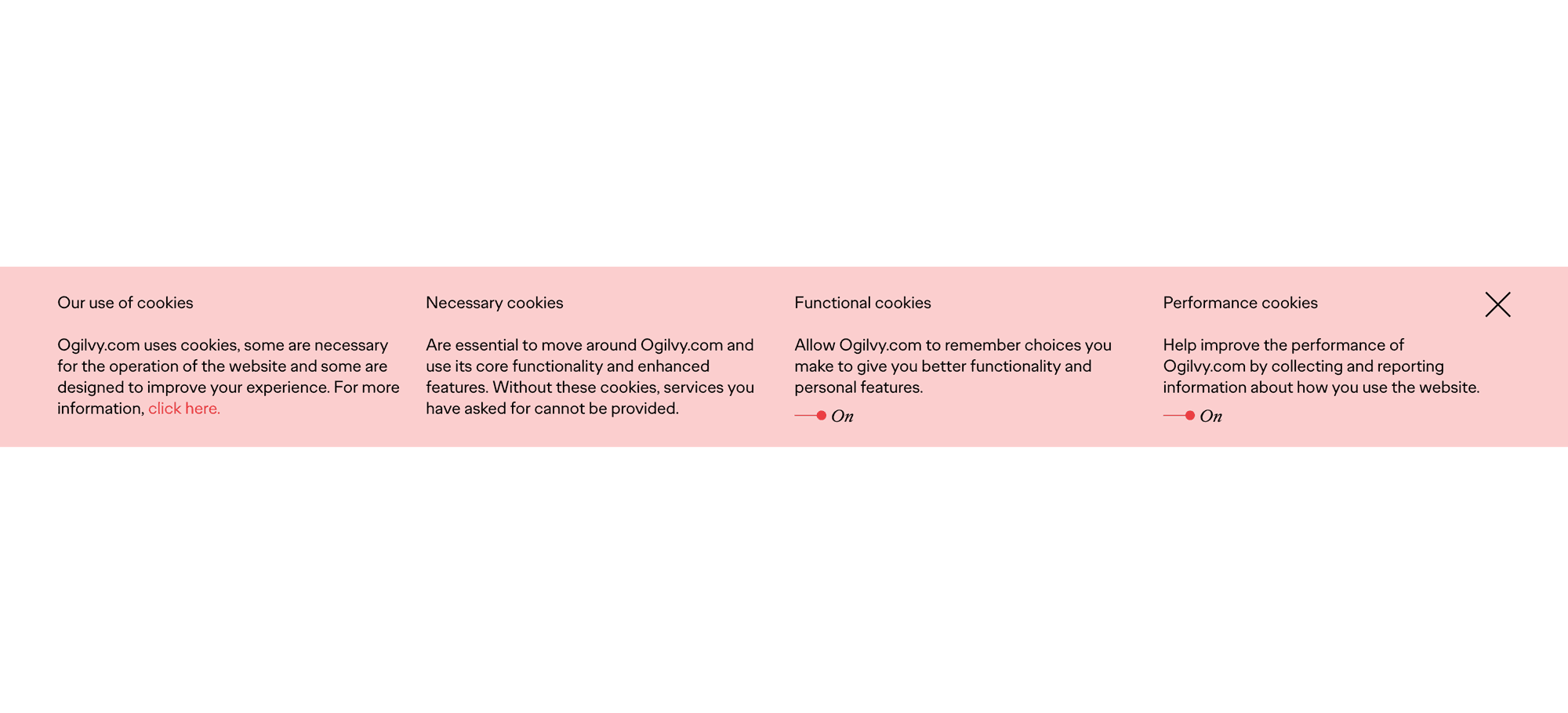 A good example of a cookie consent banner—pink background with four columns of text
