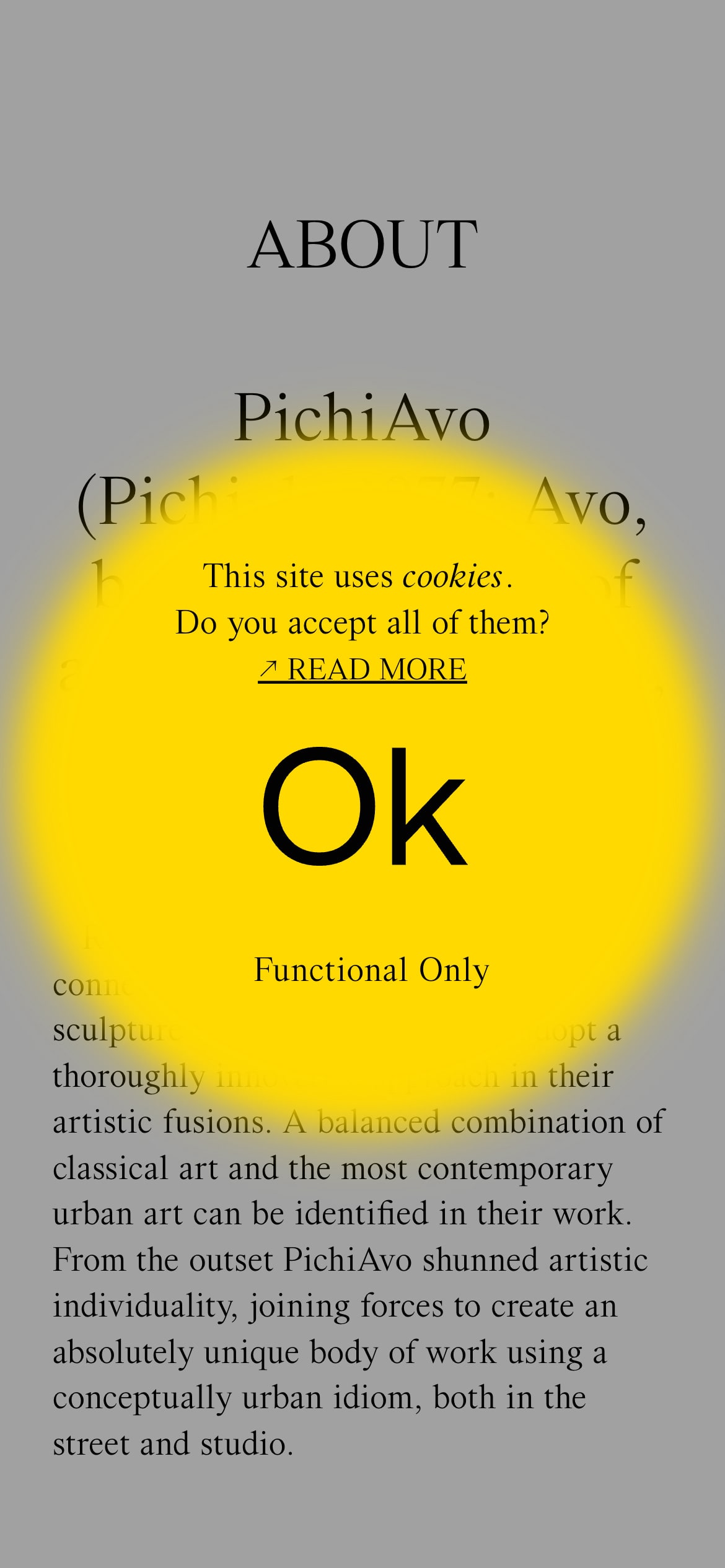 Circular cookie consent overlay on a website, with 'OK' and 'Functional Only' buttons.
