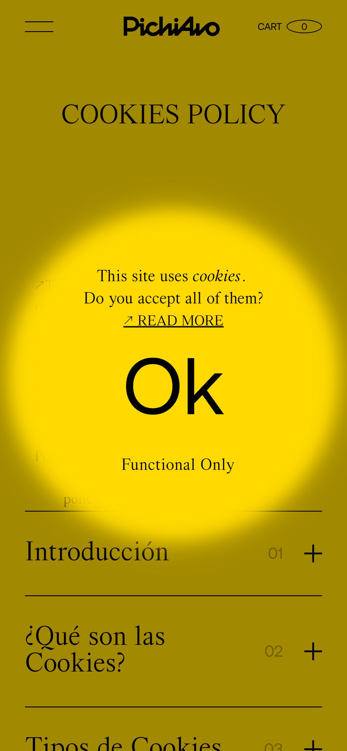Circular cookie consent overlay on a website, with 'OK' and 'Functional Only' buttons.
