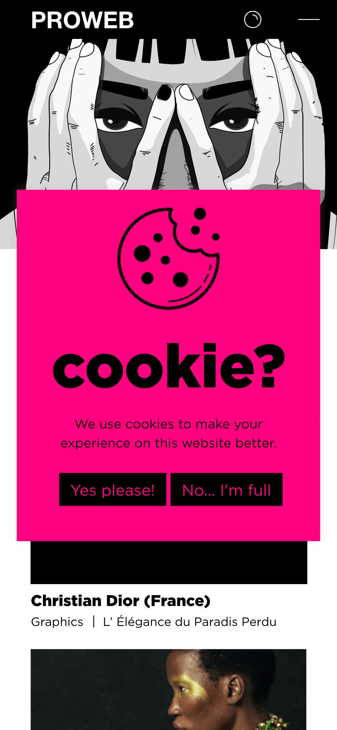 Creative cookie consent banner with options 'Yes please!' and 'No... I'm full' on a boldly designed website.