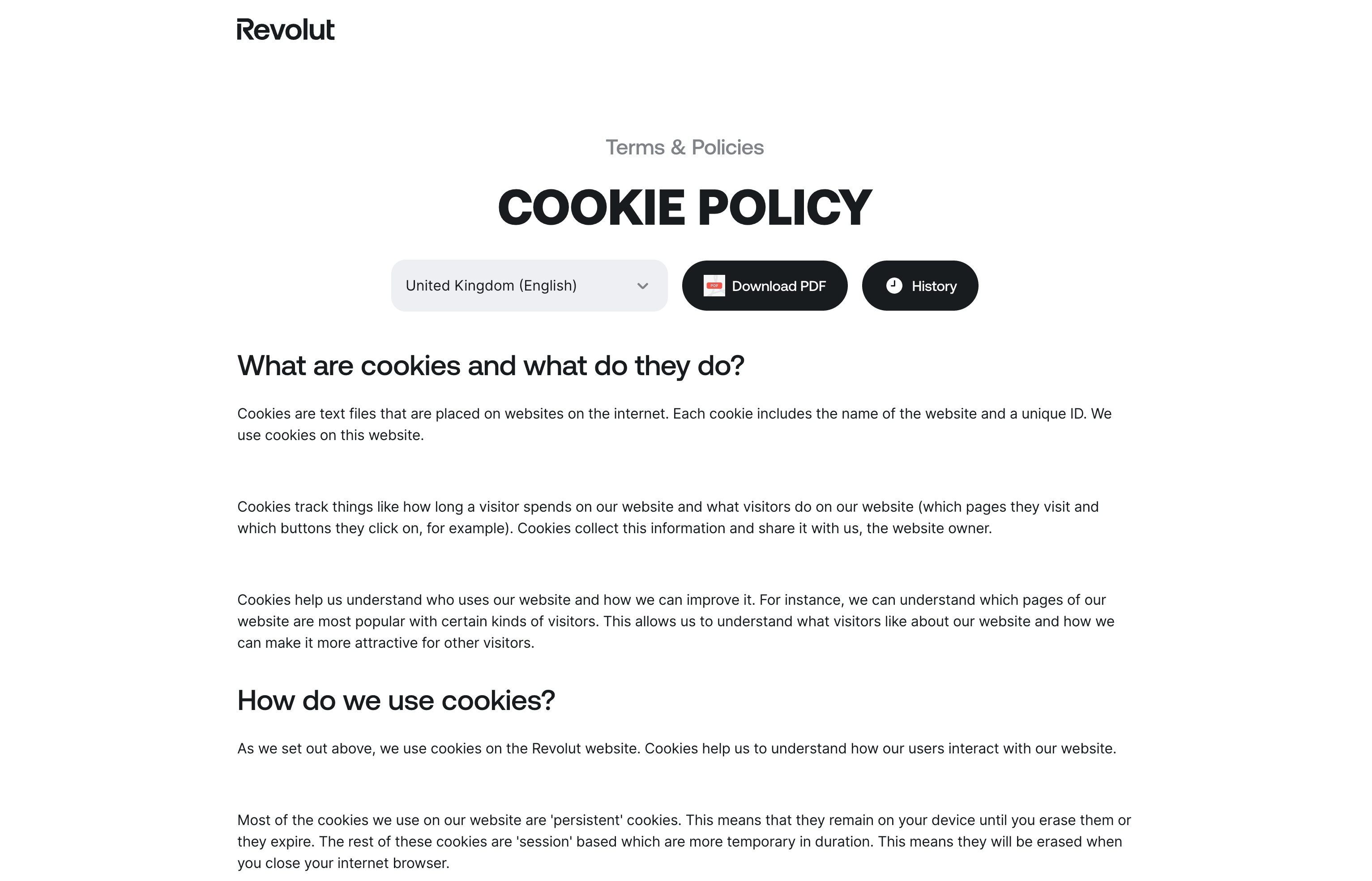 The Cookie Policy page of Revolut with an option to download the content as a PDF.