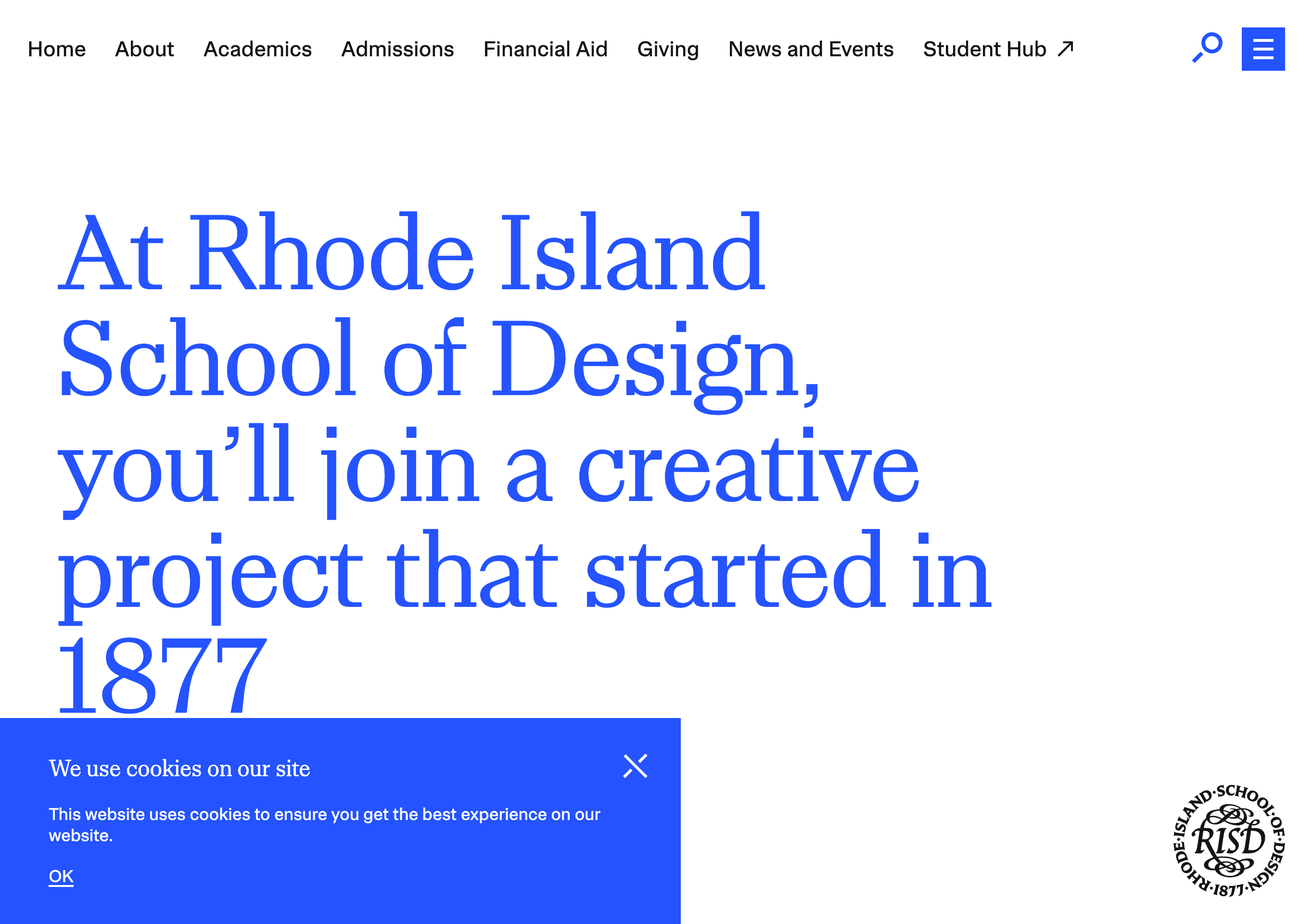 A website with a bright blue cookie consent banner example in the bottom left corner