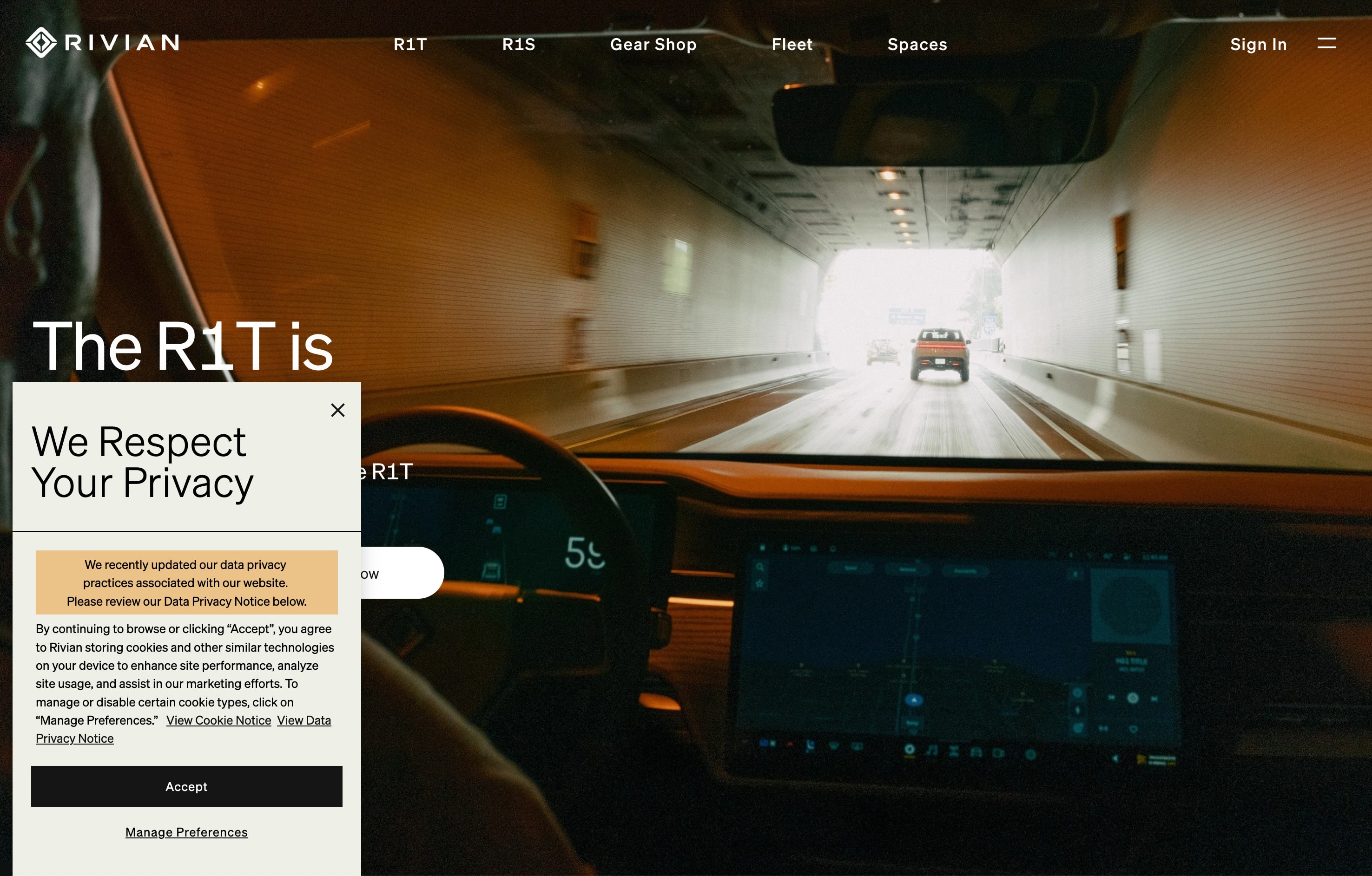Rivian's privacy banner with 'Accept' and 'Manage Preferences' buttons at the bottom.