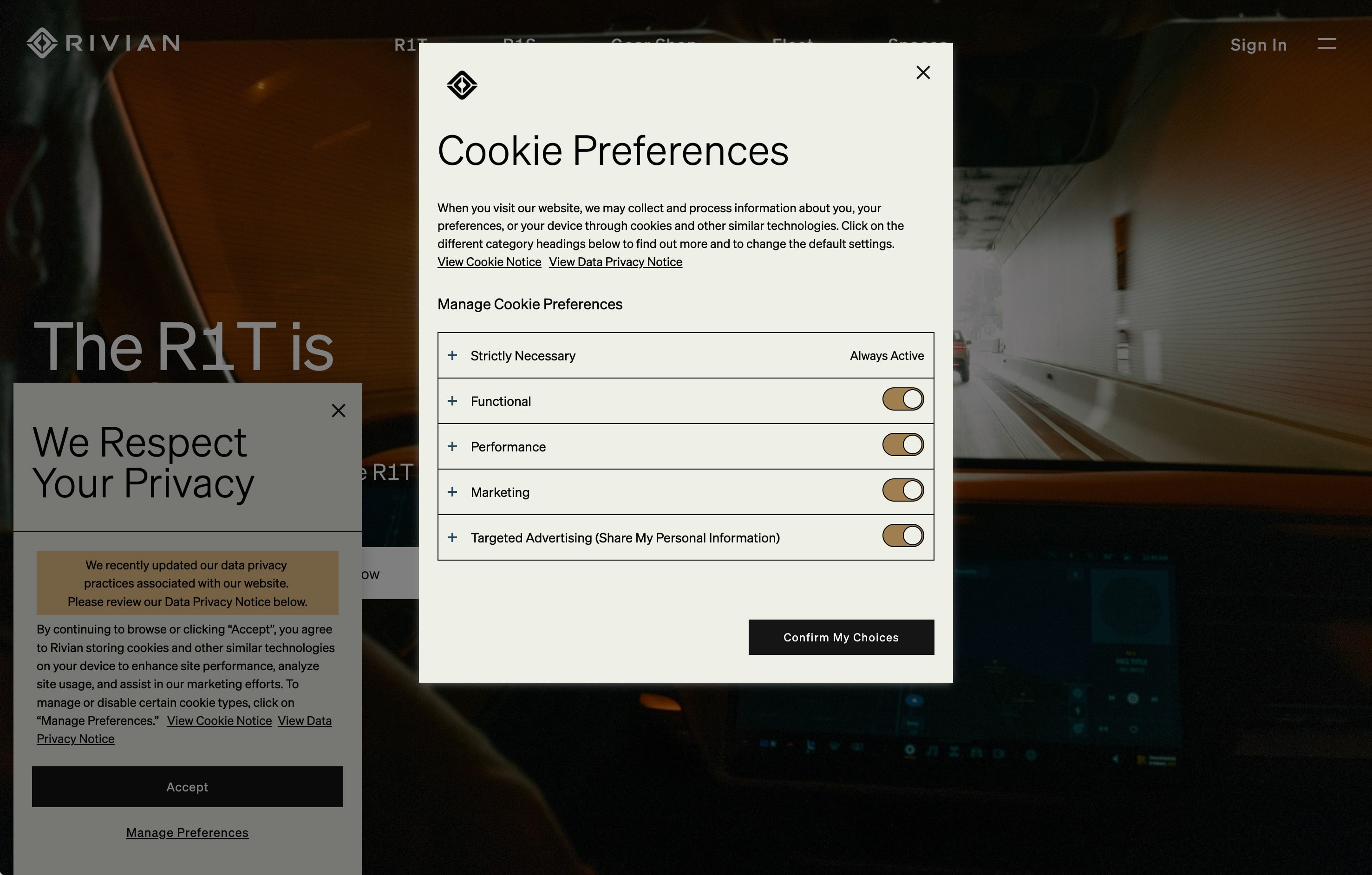 Cookie preferences panel with options for necessary, functional, performance, marketing, and targeted advertising cookies.