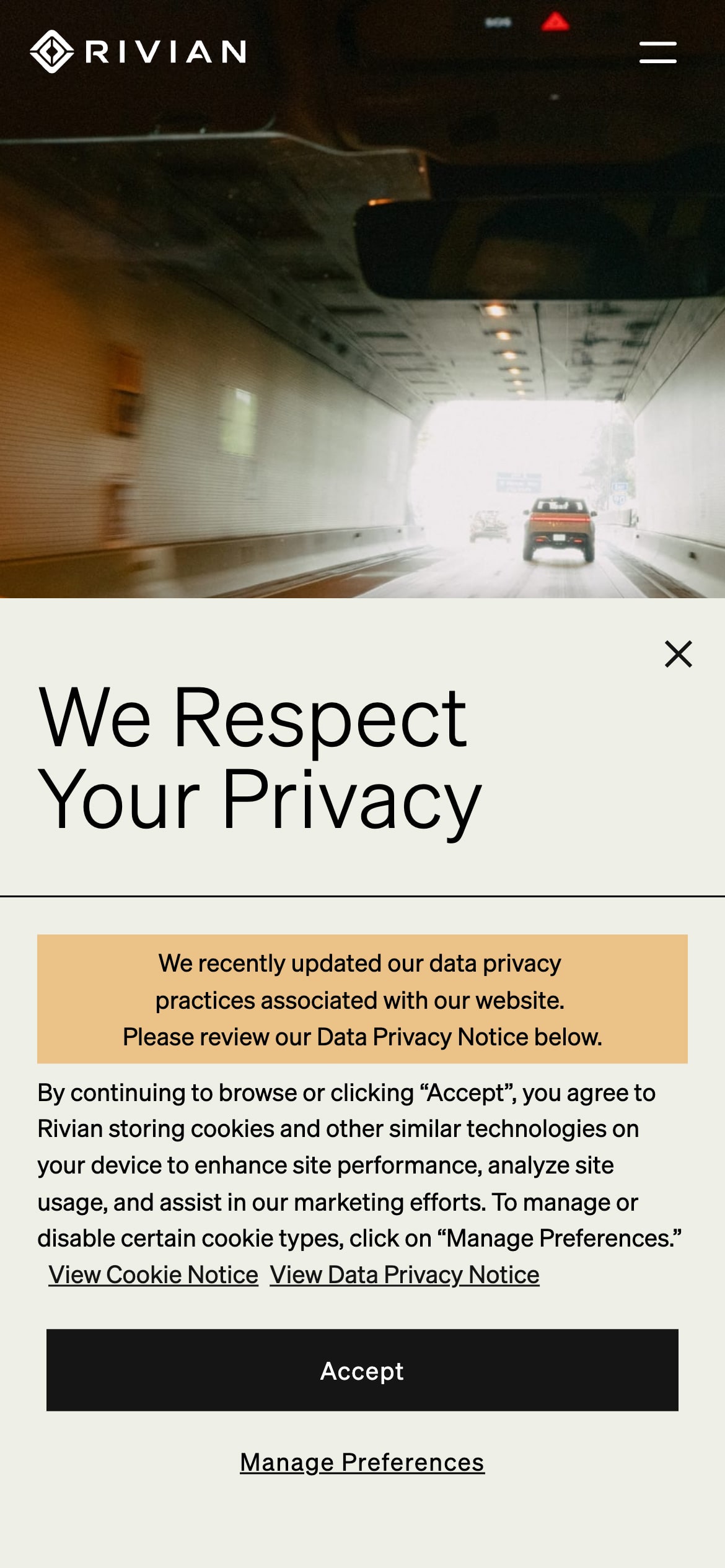 Rivian's privacy banner with 'Accept' and 'Manage Preferences' buttons at the bottom.