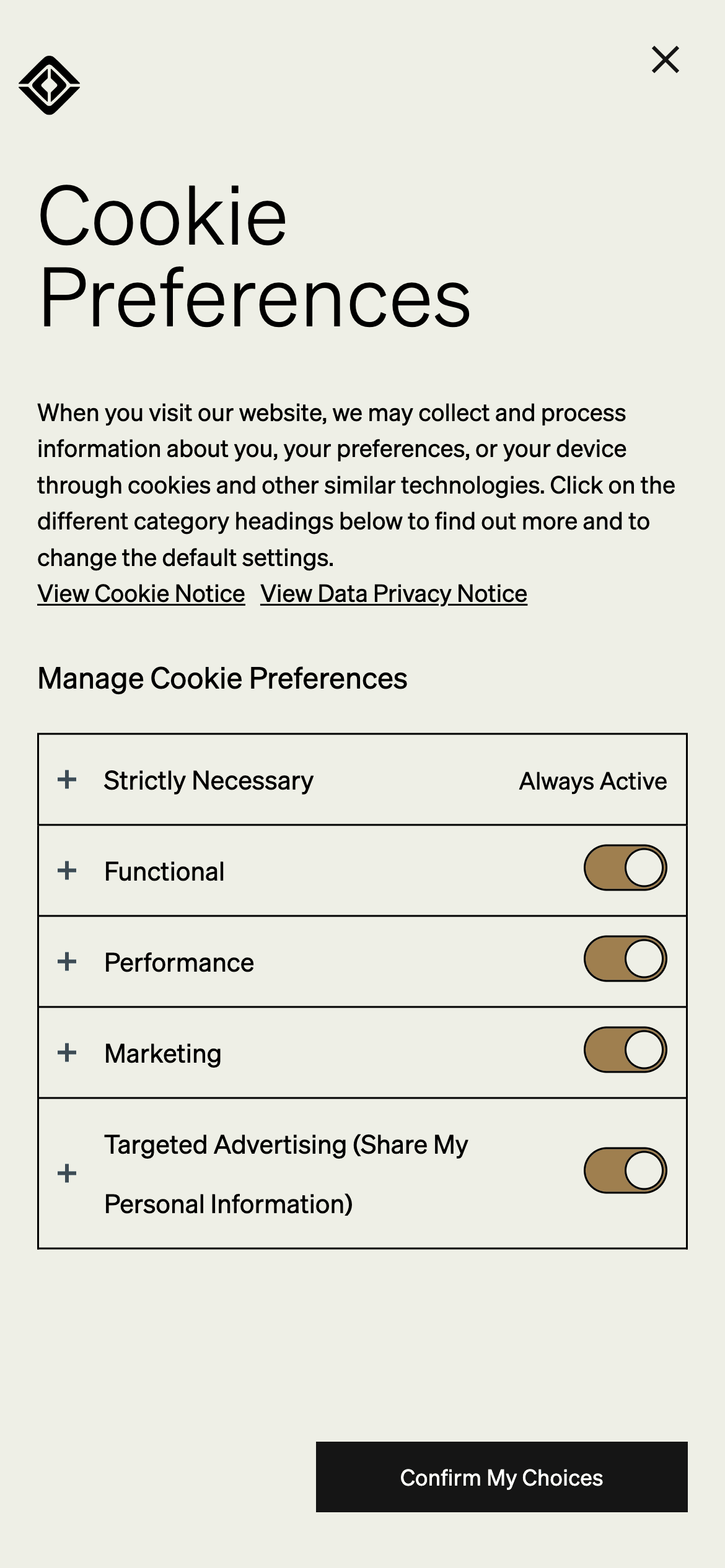 Cookie preferences panel with options for necessary, functional, performance cookies, and a confirm button.