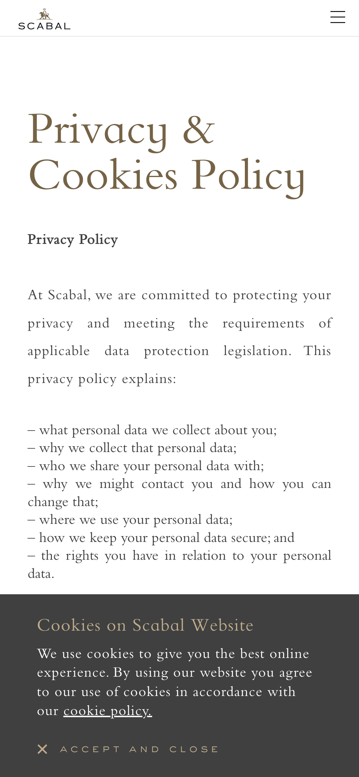 A privacy overview page with information detailing the types of cookies used and an 'Accept and close' button.