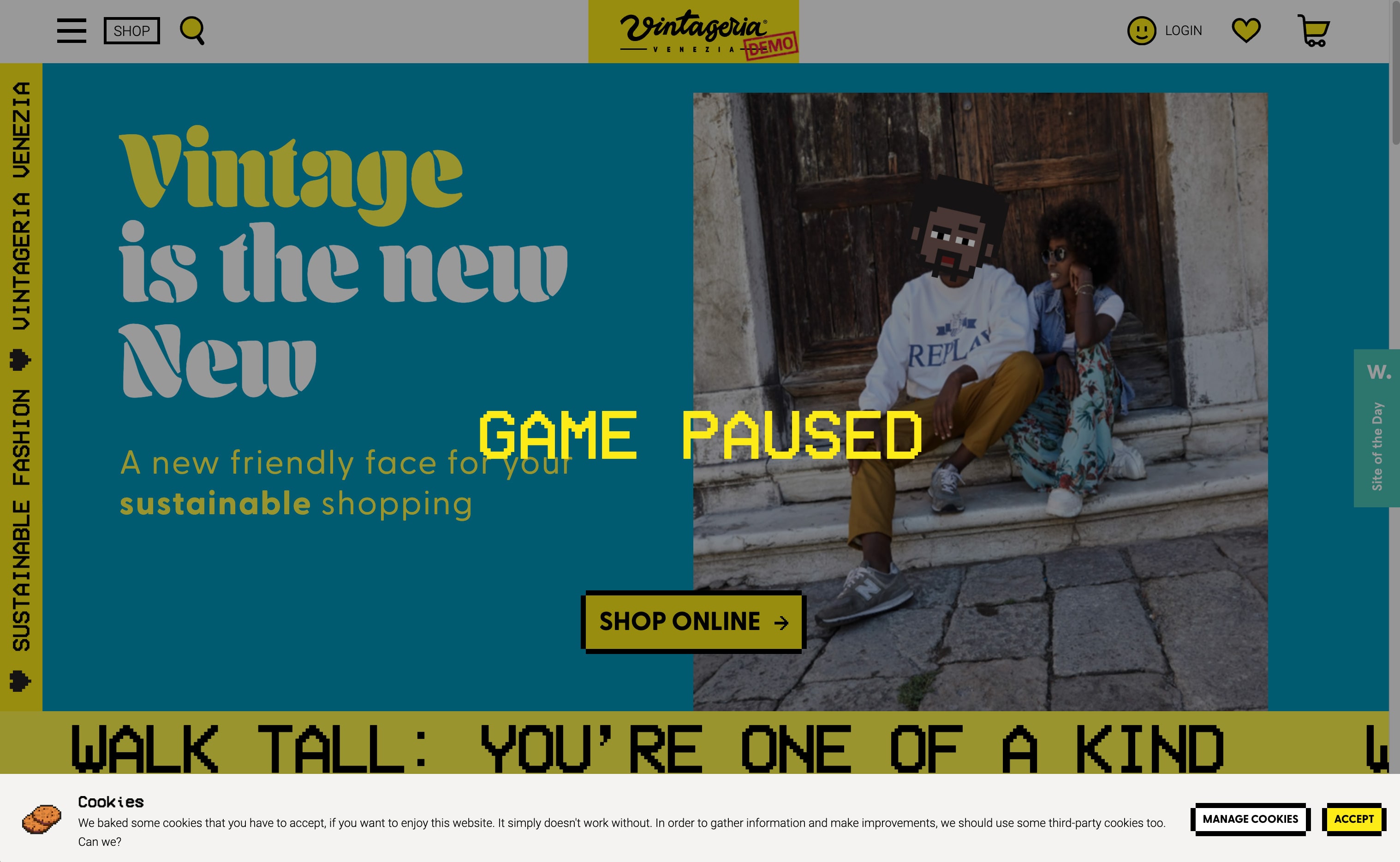 A creative design of a cookie banner on a website with 'manage cookies' and 'accept' buttons