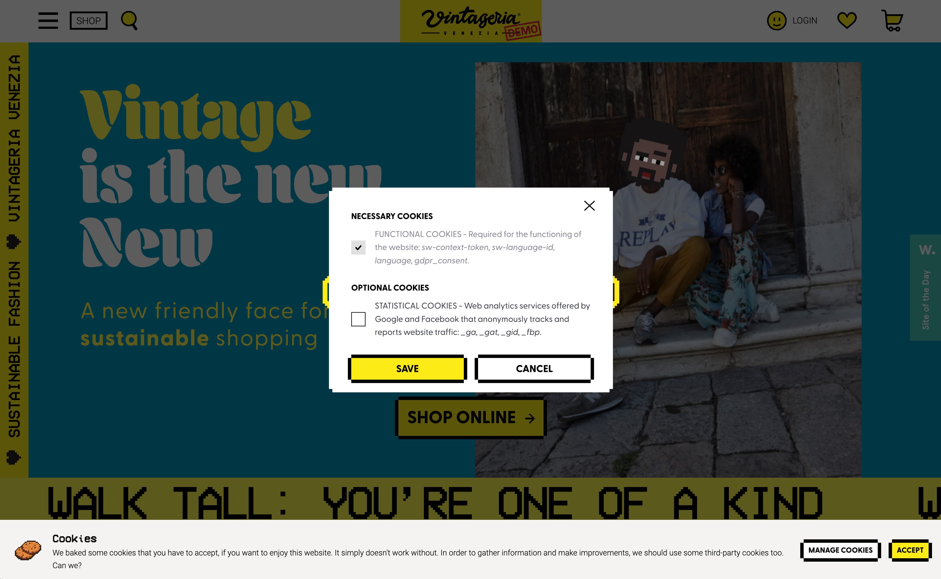 A cookie options modal detailing the types of cookies a website uses and 'Save' and 'Cancel' buttons.