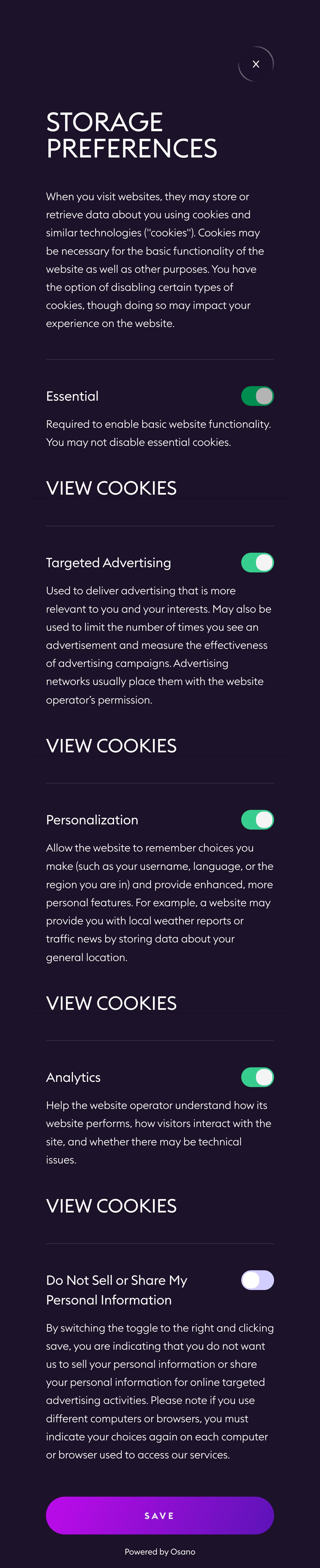 A cookie banner detailing the types of cookies used and a 'SAVE' button.