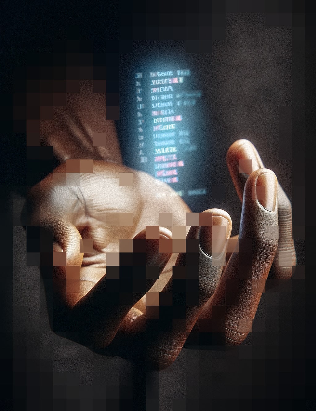 A man holding his palm out with glowing abstract code floating above